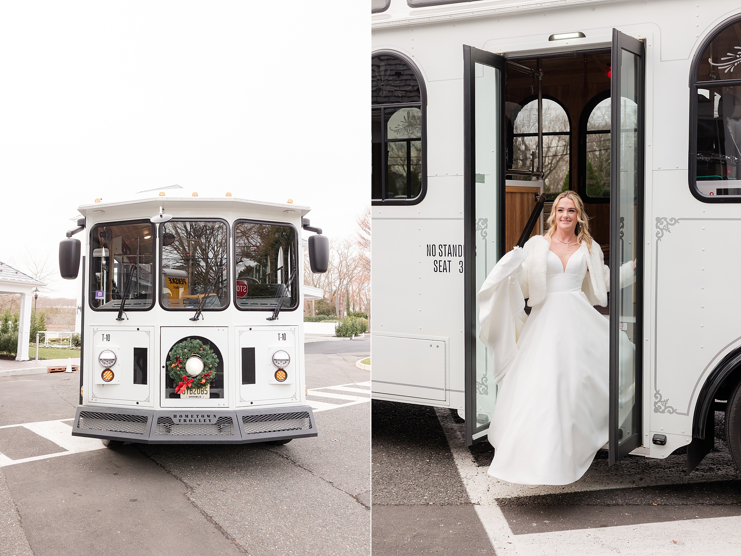 Bride in a flowing white gown steps gracefully off a vintage trolley, her smile capturing the excitement of the moment.