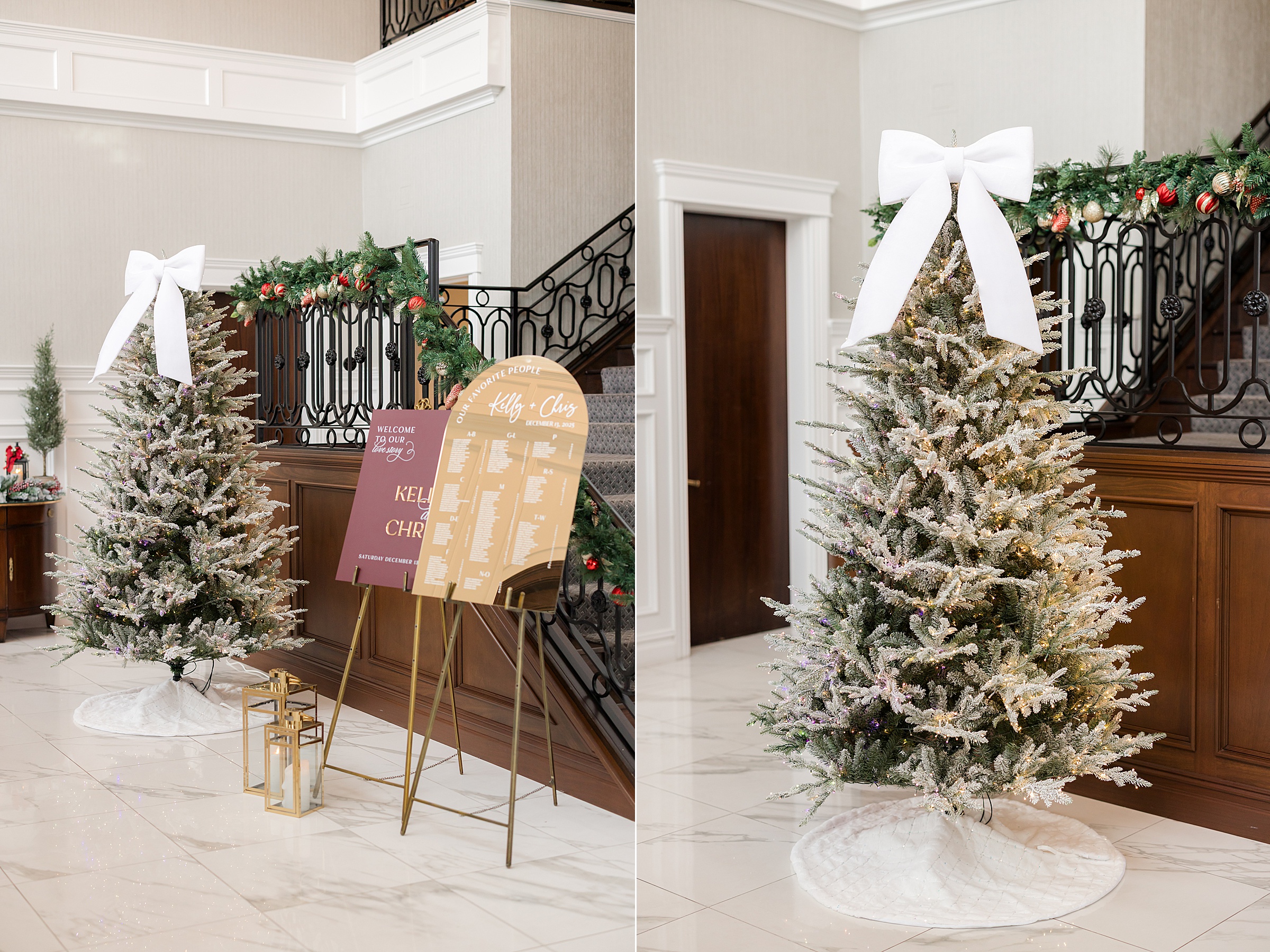 Elegantly decorated Christmas tree with a large white bow stands beside a welcoming wedding sign, blending winter romance with celebration.