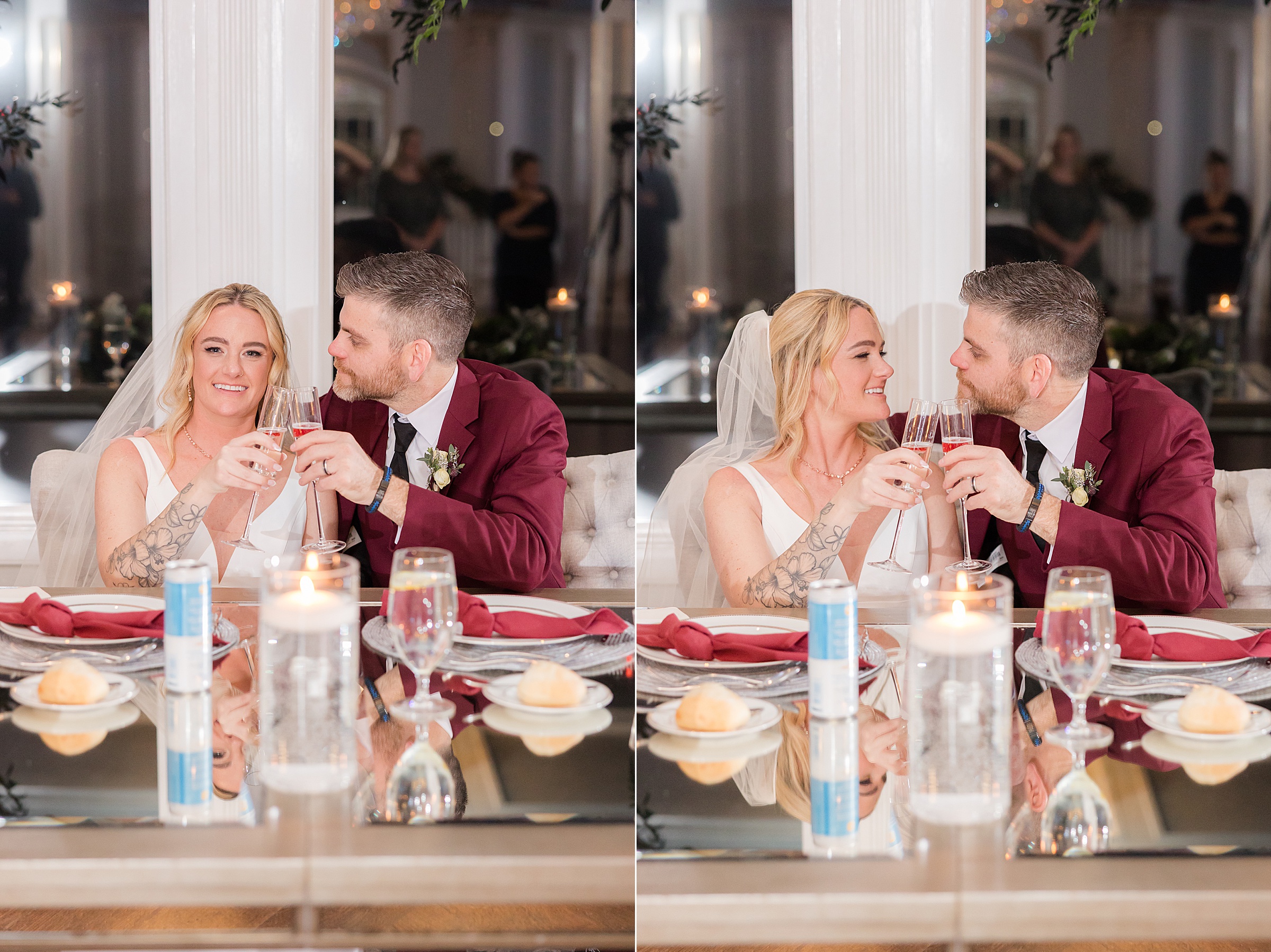 Bride and groom toasting with champagne at their sweetheart table, sharing a loving glance 