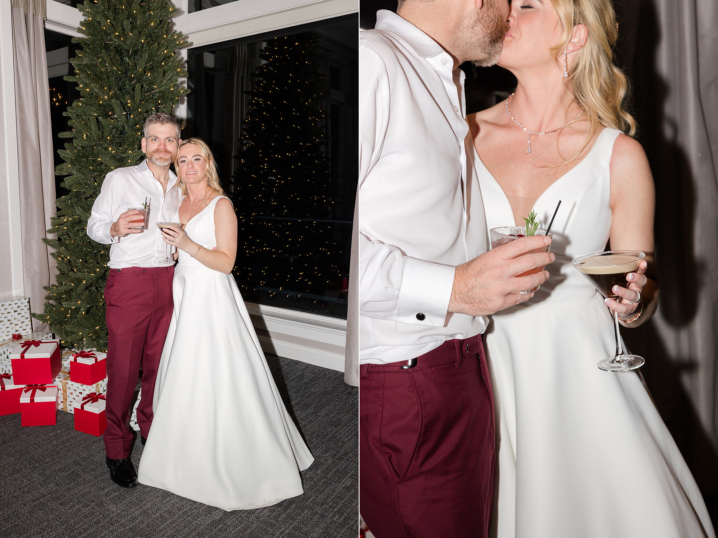 Bride and groom posing with drinks by a lit Christmas tree and sharing a romantic kiss while holding cocktails.