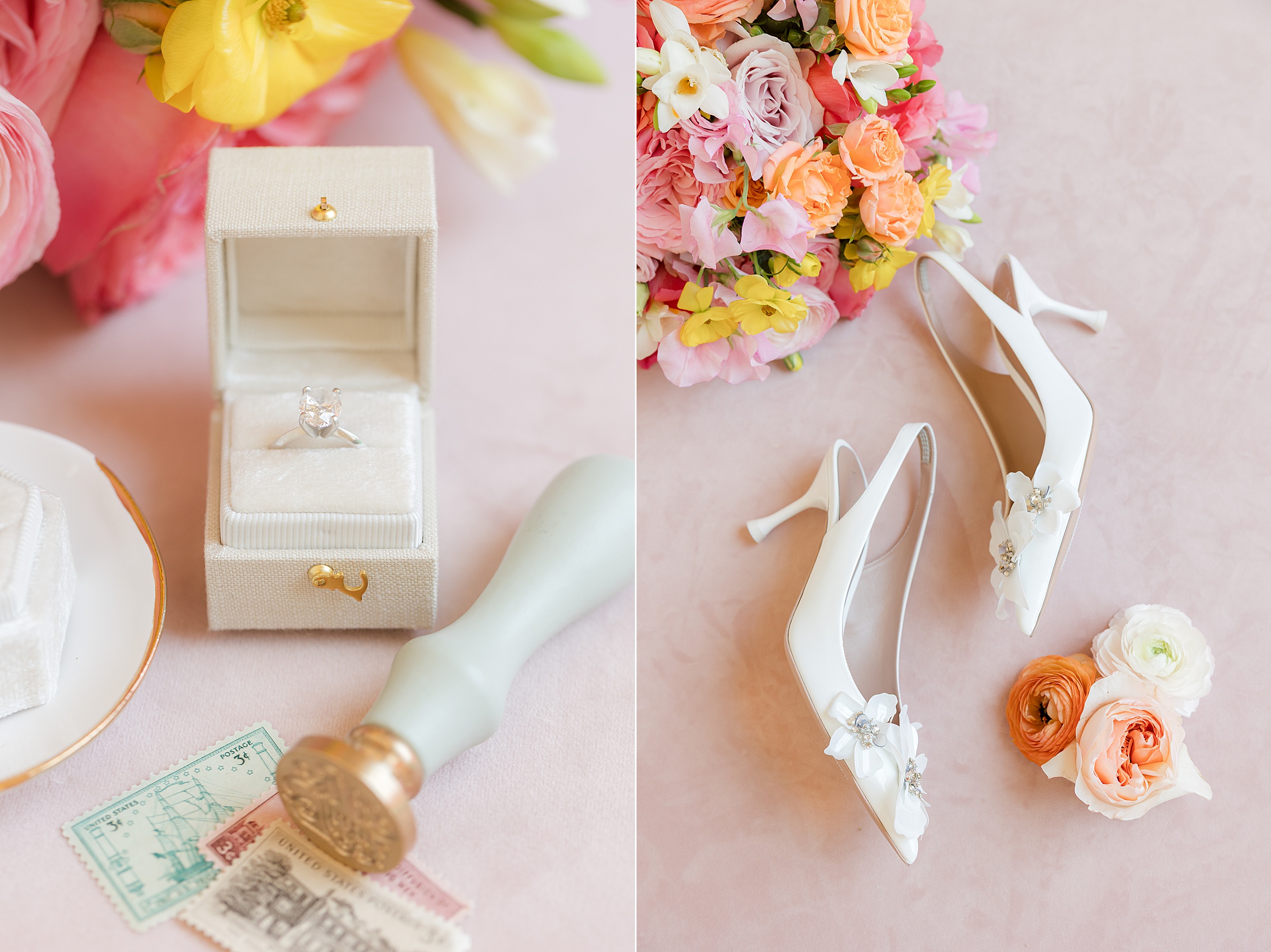 Bridal details with florals, white and cream details, and ring box