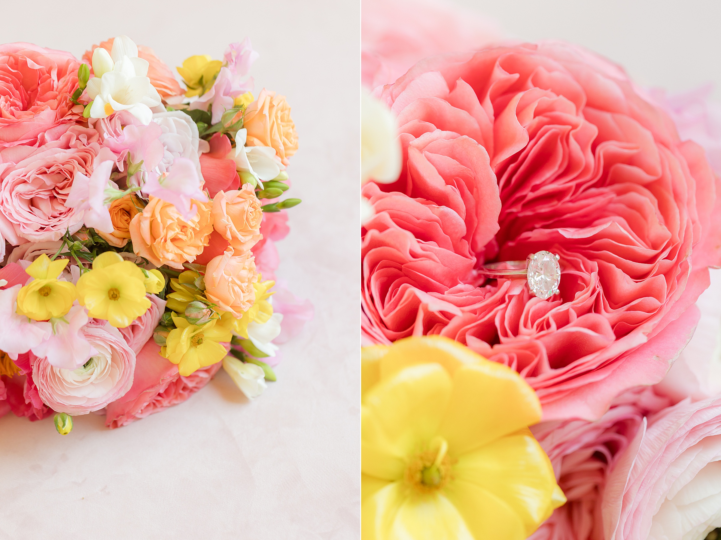 Pink, yellow, and light orange flowers. Summer palette bouquet