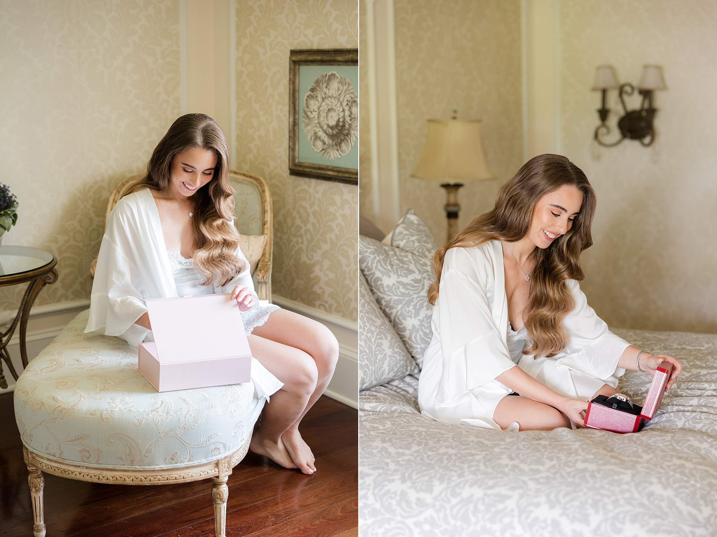 Bride opening her gift from the box. Sitting on the couch and on the bed