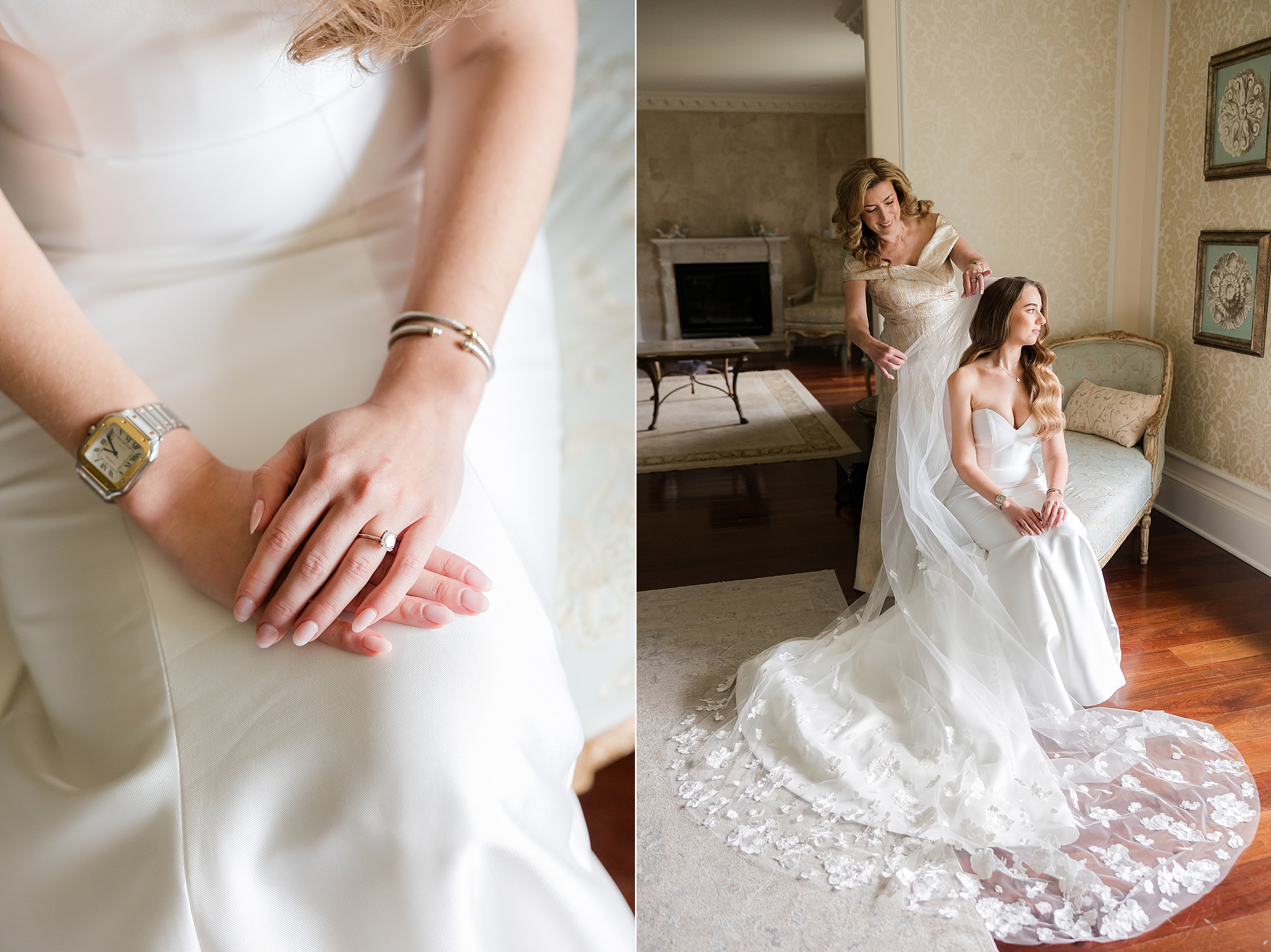 Bridal details of watch, bracelet, and ring. Mother of the bride putting on the bride's veil