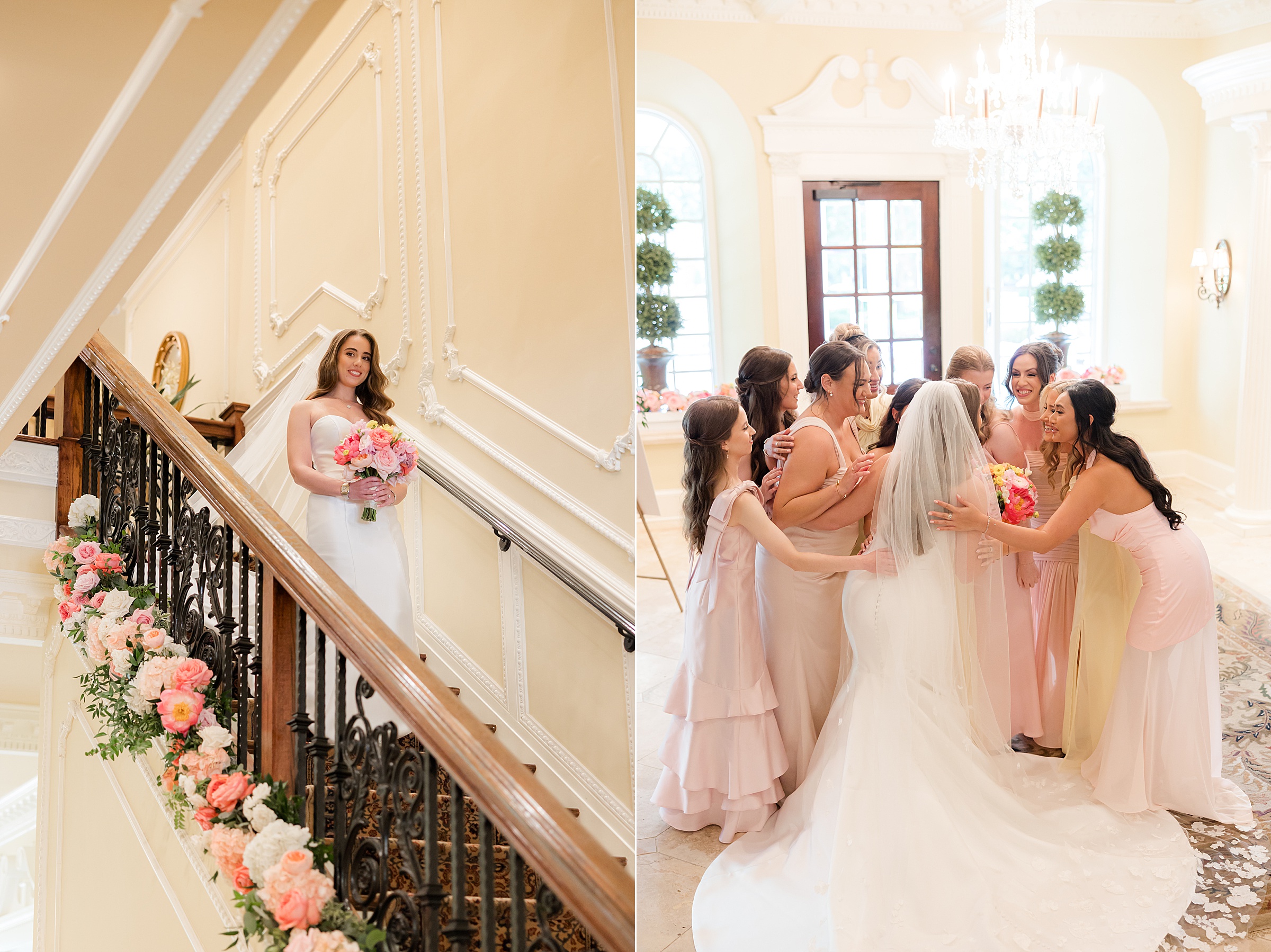 Bride going down the stairs to meet her bridesmaids, who greeted her with a hug.
