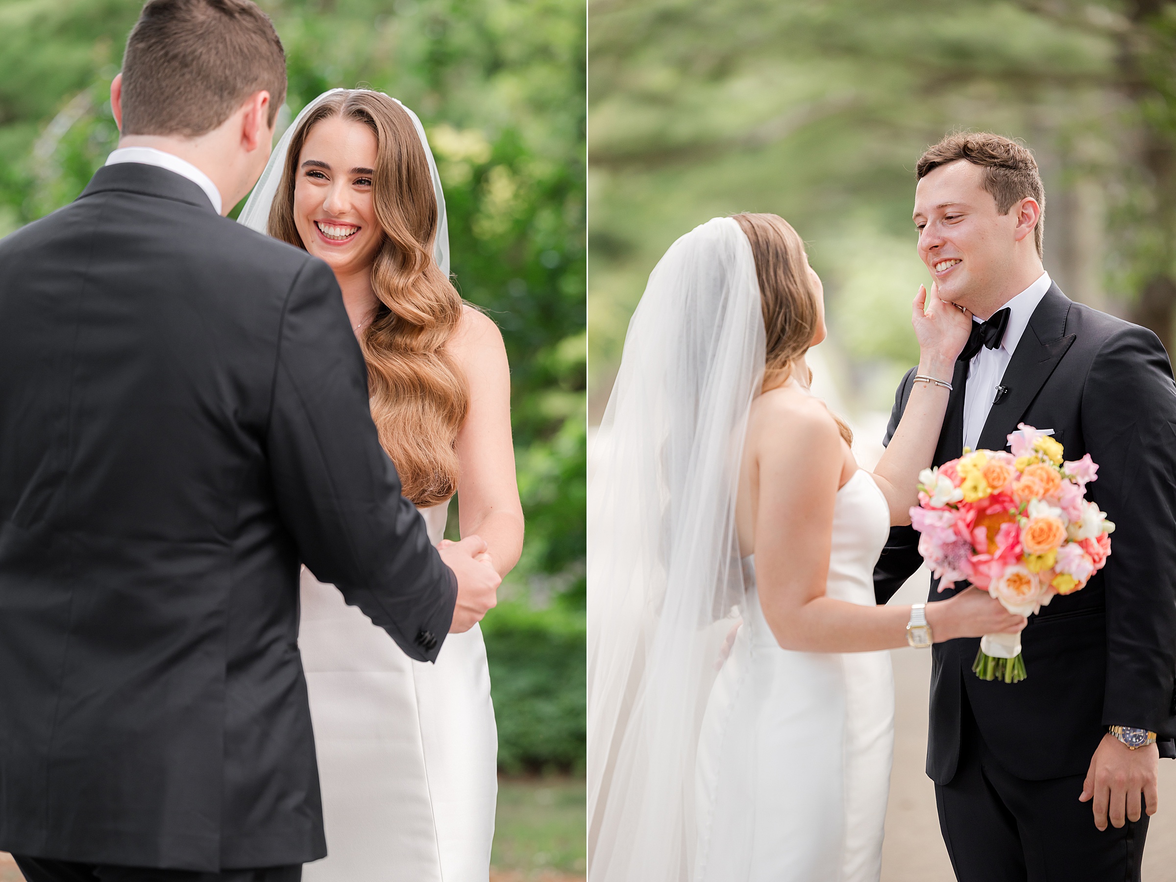 Bride and groom looking at each other during the first look, holding each other's hands. Second photo is the bride holding the groom's left cheek