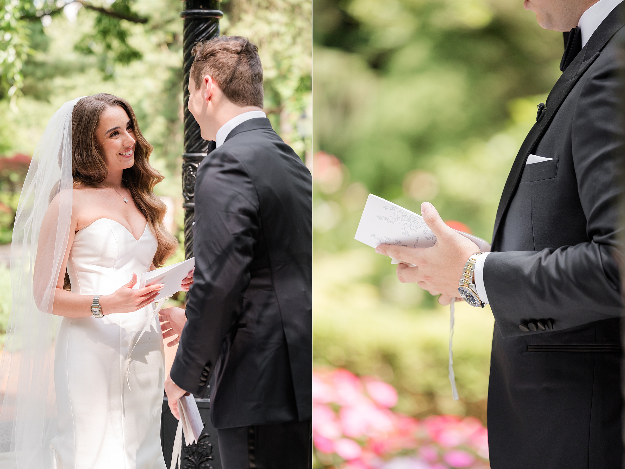 Bride smiling at the groom while she holds her vows in her hands, and the groom reading his vows
