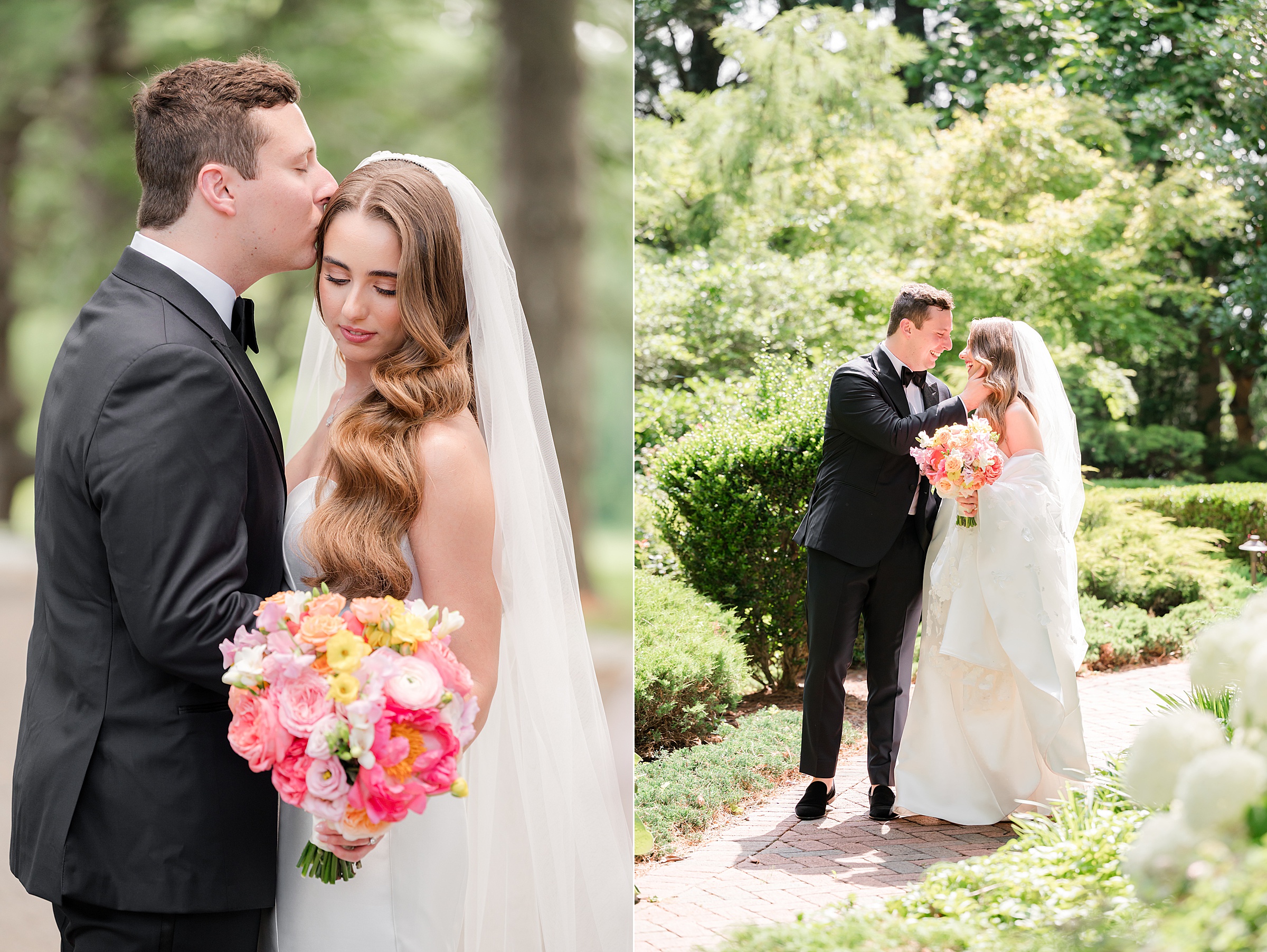 2 portraits of the bride and groom. First photo is groom kissing the bride while she looks down at her beautiful bouquet. Second photo is the couple laughing while facing each other and the groom holding the bride's right cheek