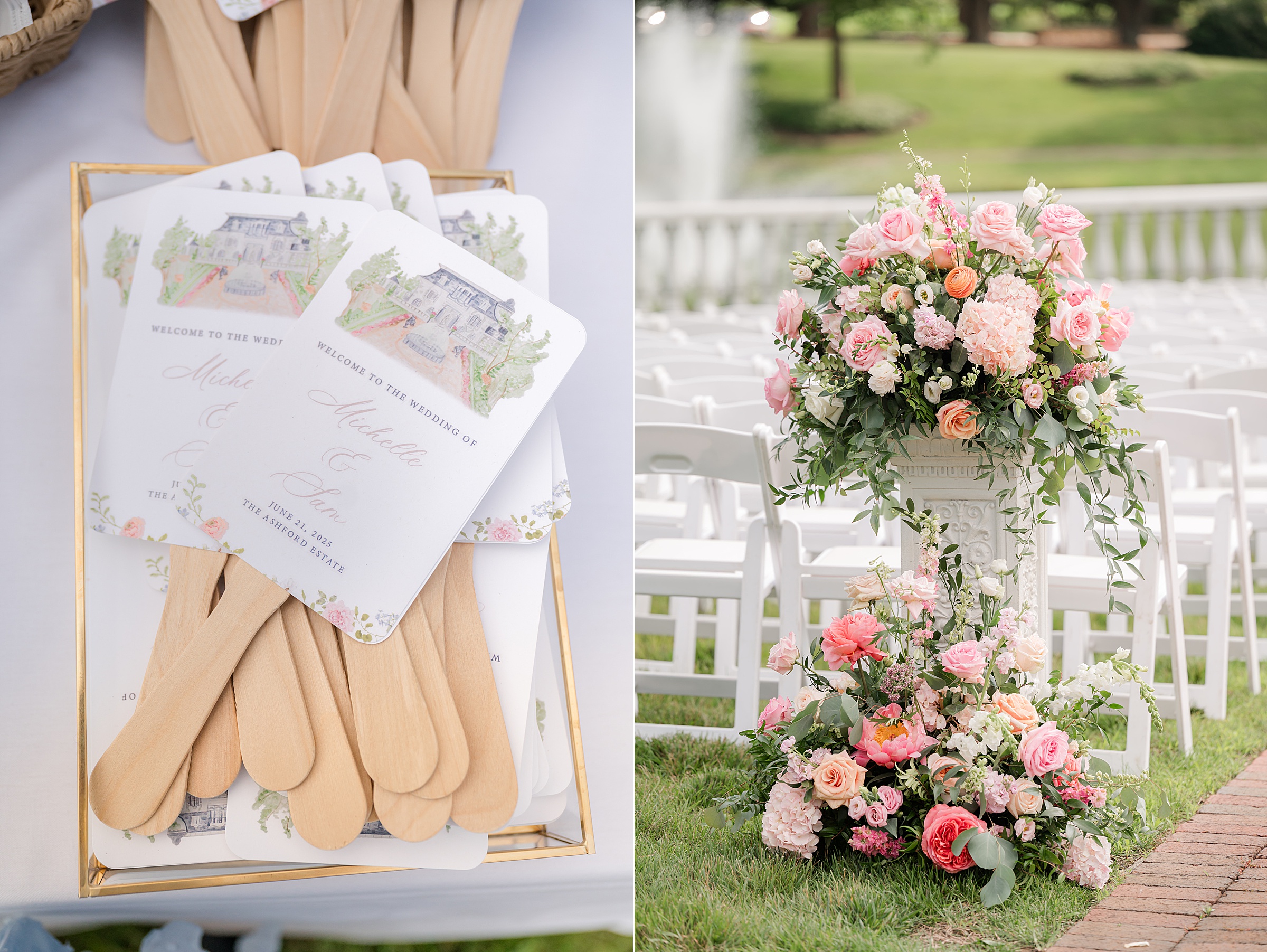 Fans as wedding favors for the garden ceremony and floral details on top of small columns