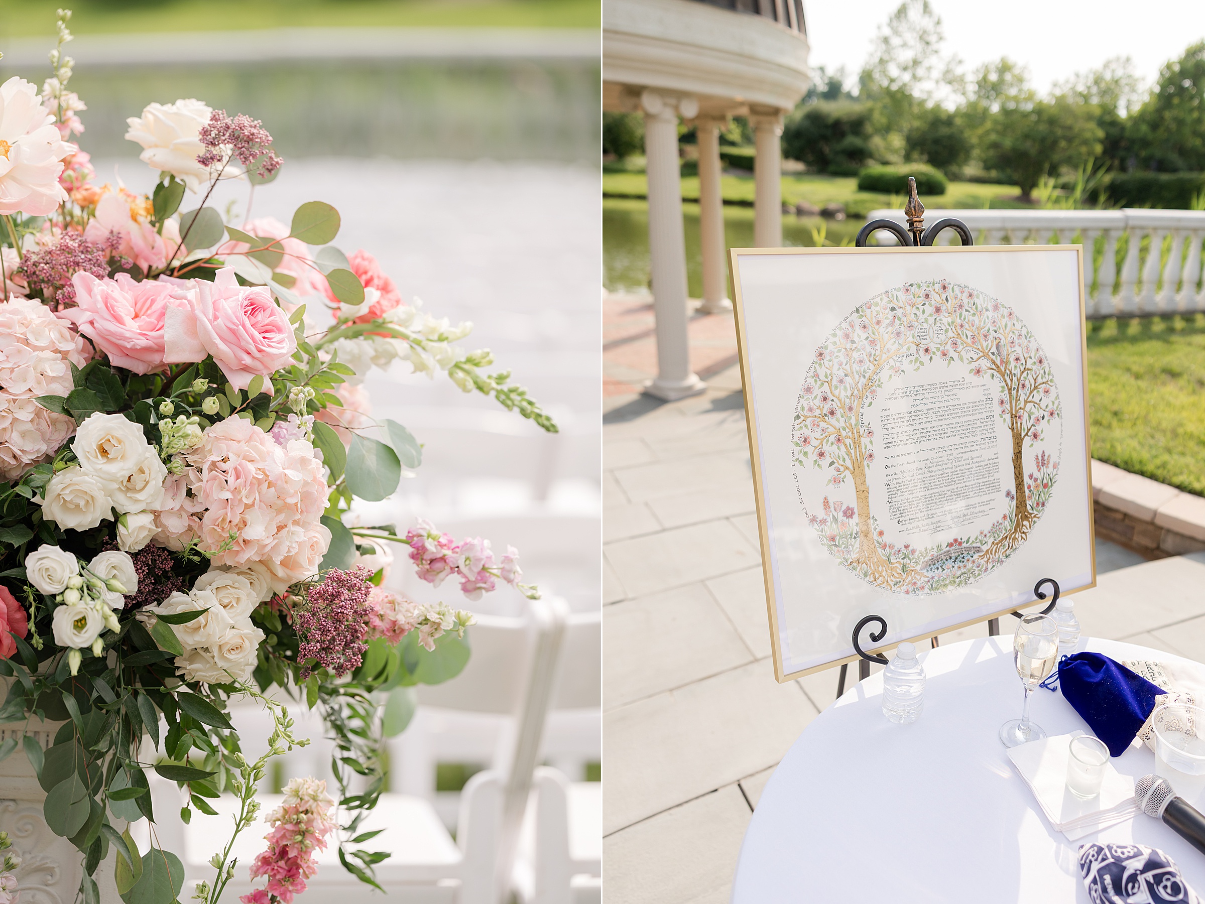 Ceremony florals with the colors pink, white, and green