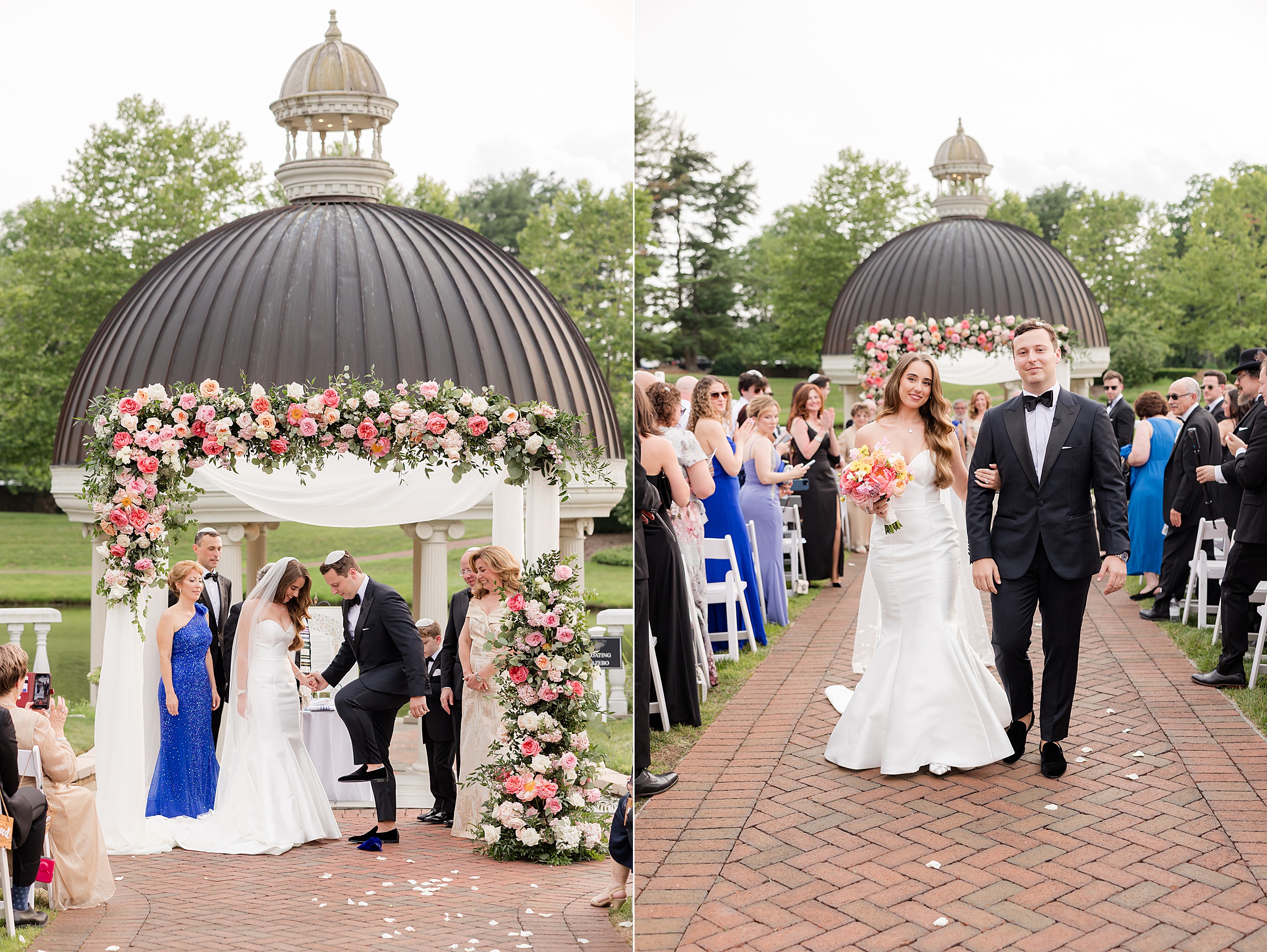 Bride and groom carrying out the tradition of breaking the glass, and then walking down the aisle together