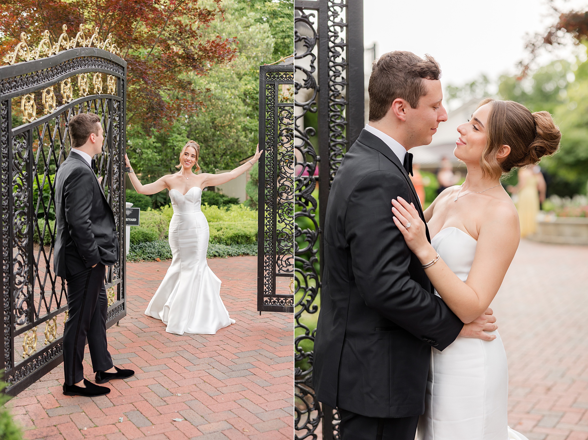 Bride and groom, smiling at each other while the bride is touching the gate with both hands and a close-up picture looking at each other.