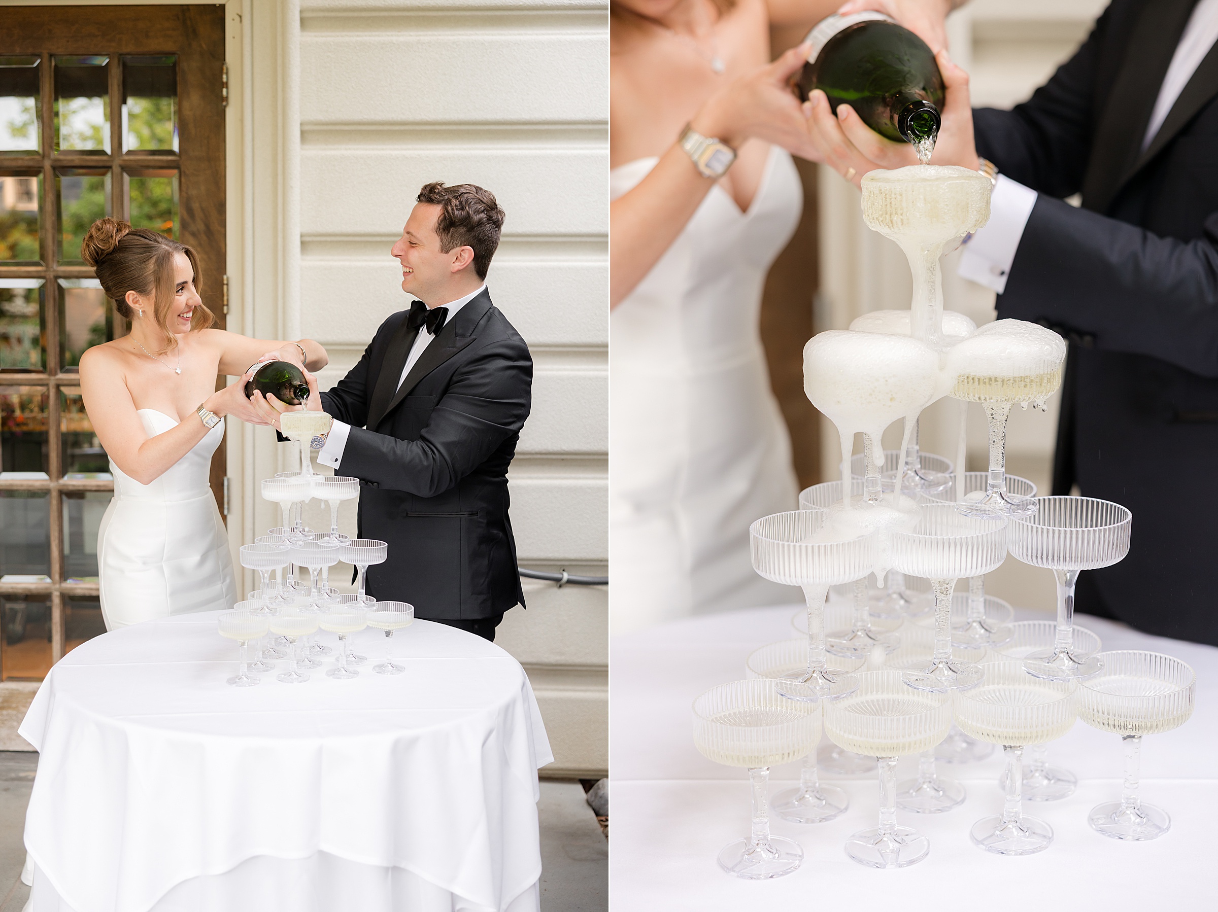 Bride and groom are holding the champagne and pouring it together and a close-up picture of glasses.
