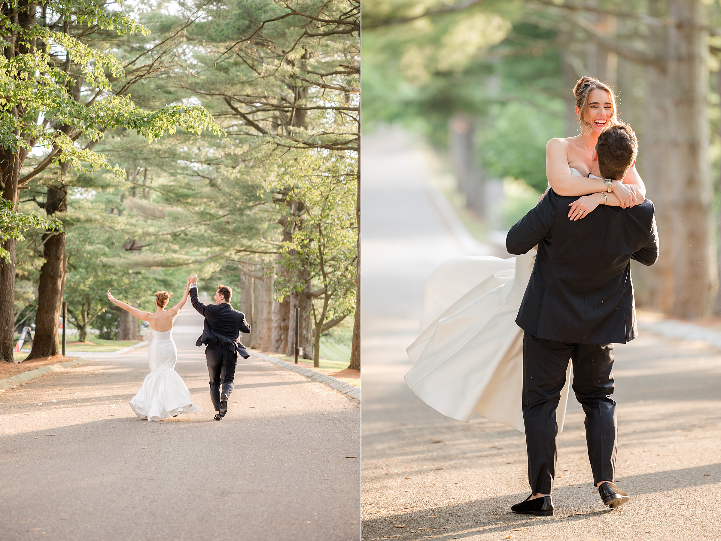 Bride and groom walking on the road while raising their hands and the groom is lifting the smiling bride.