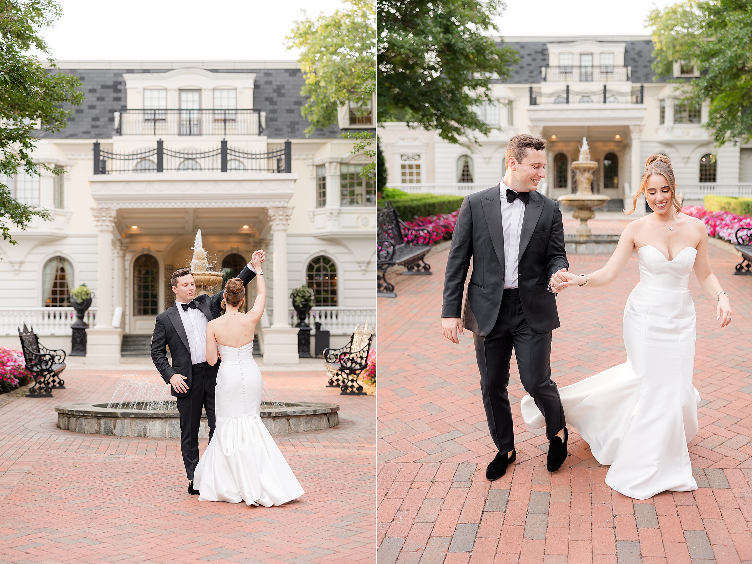 Bride and groom smiling while dancing by the fountain, Ashford Estate