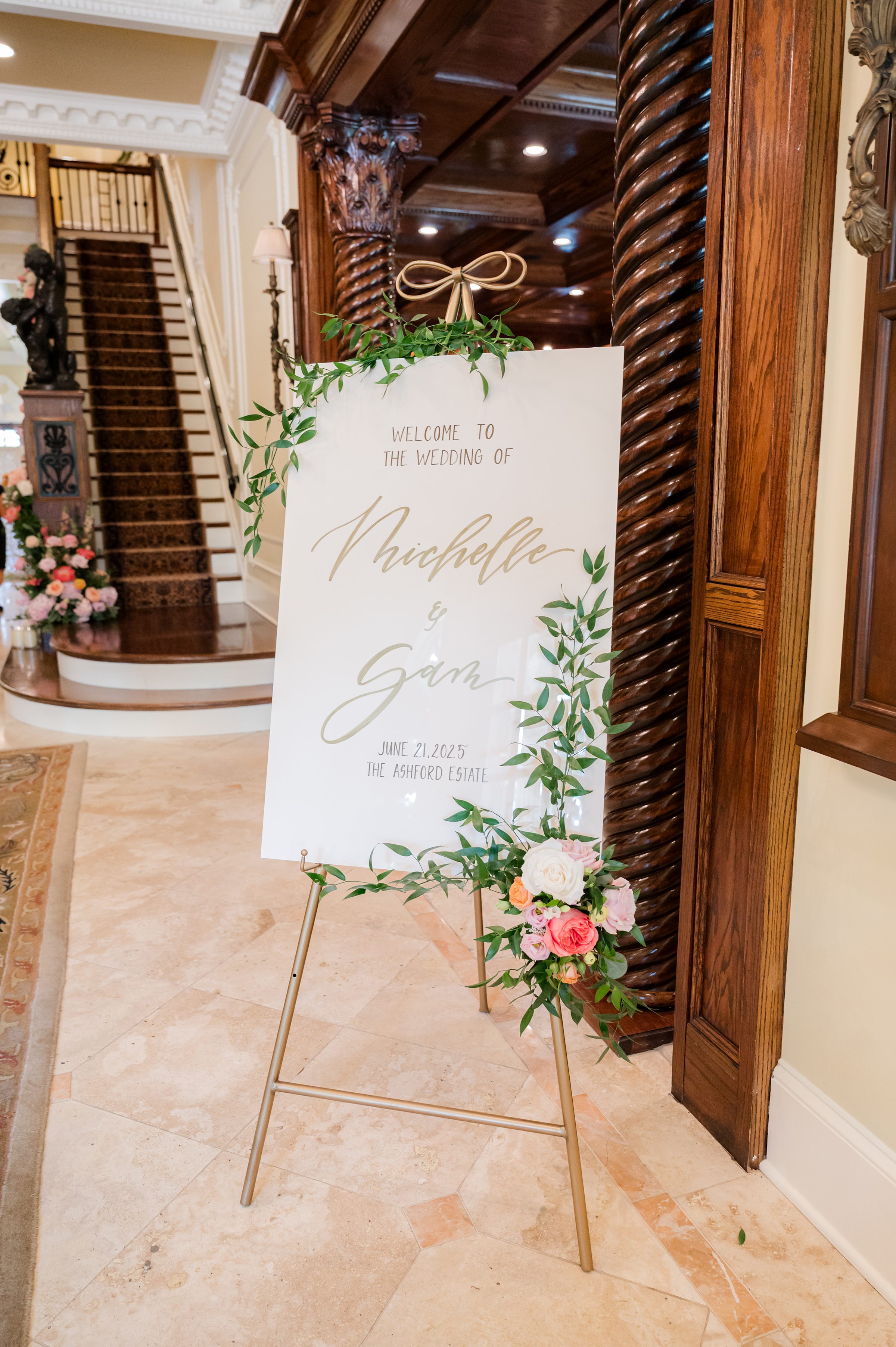 Floral welcome board at reception entrance 