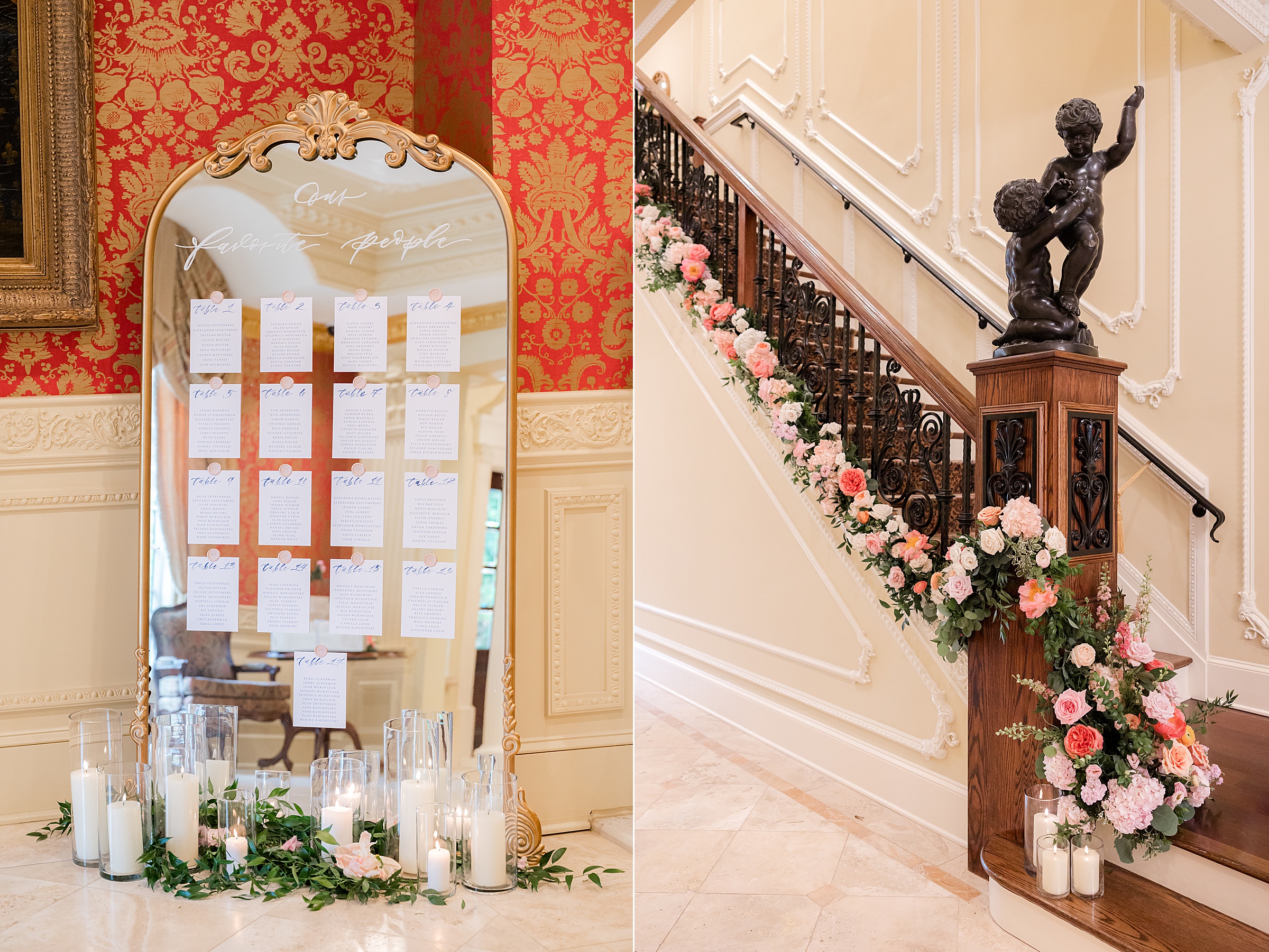 List of wedding tables posted on the mirror with candles and flowers. And stairs decorated with colorful flowers
