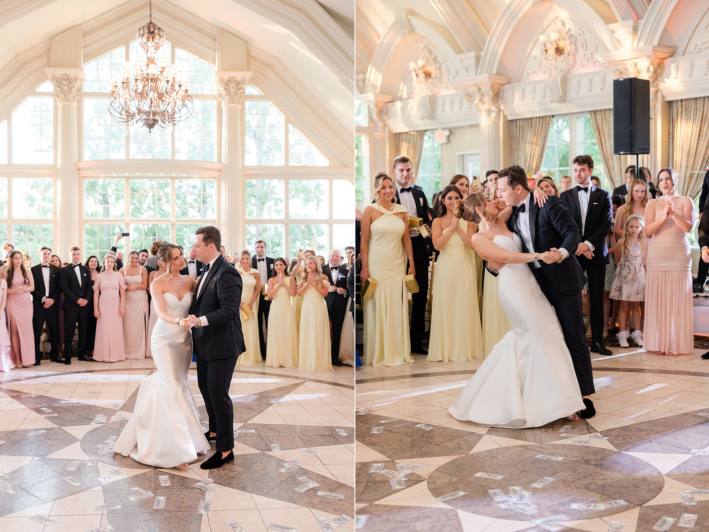 Bride and groom dancing in front of the guests. the floor is filled with dollar bills.