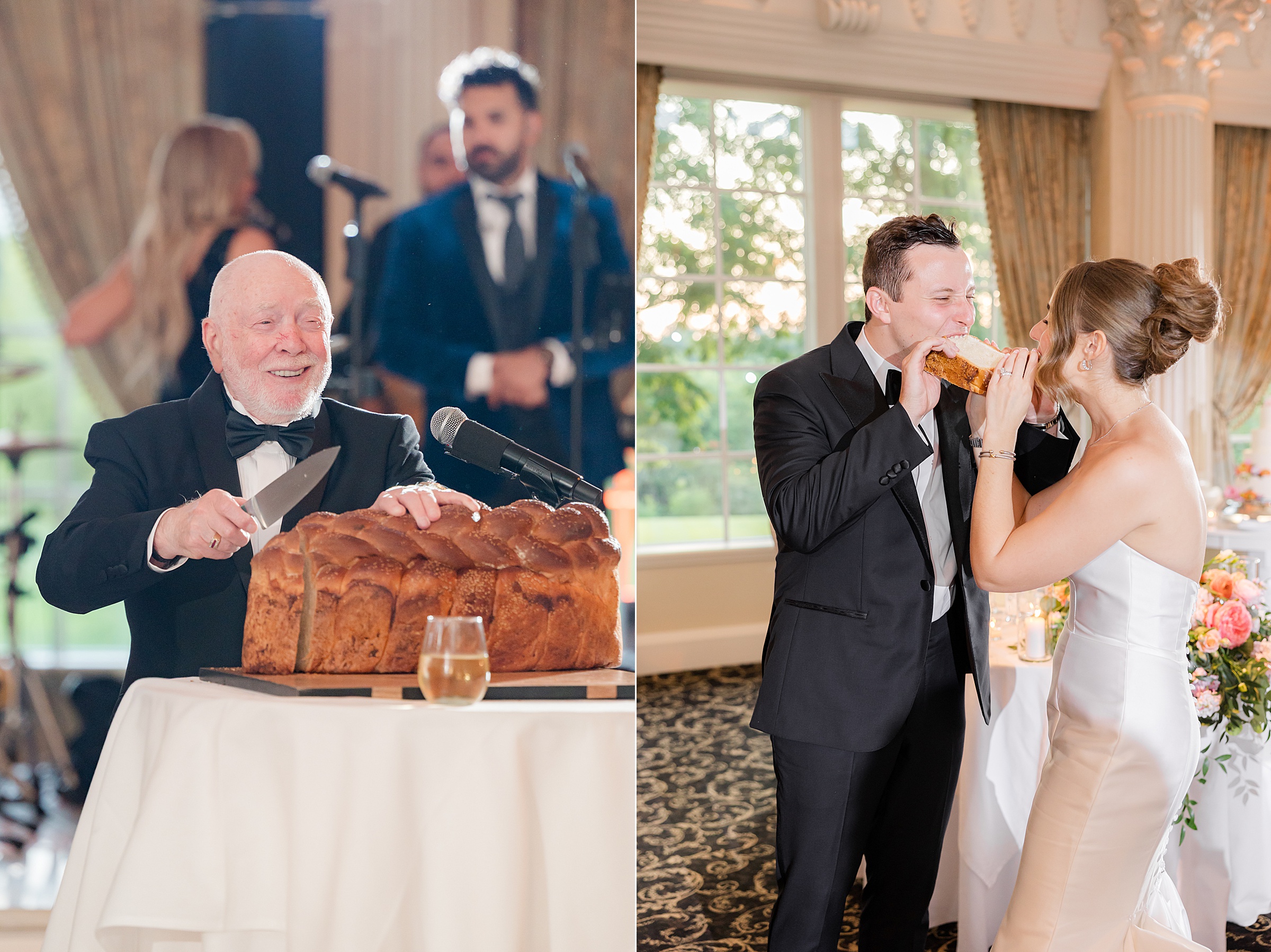 The man slicing the big bread and bride and groom taking a bite of bread together 