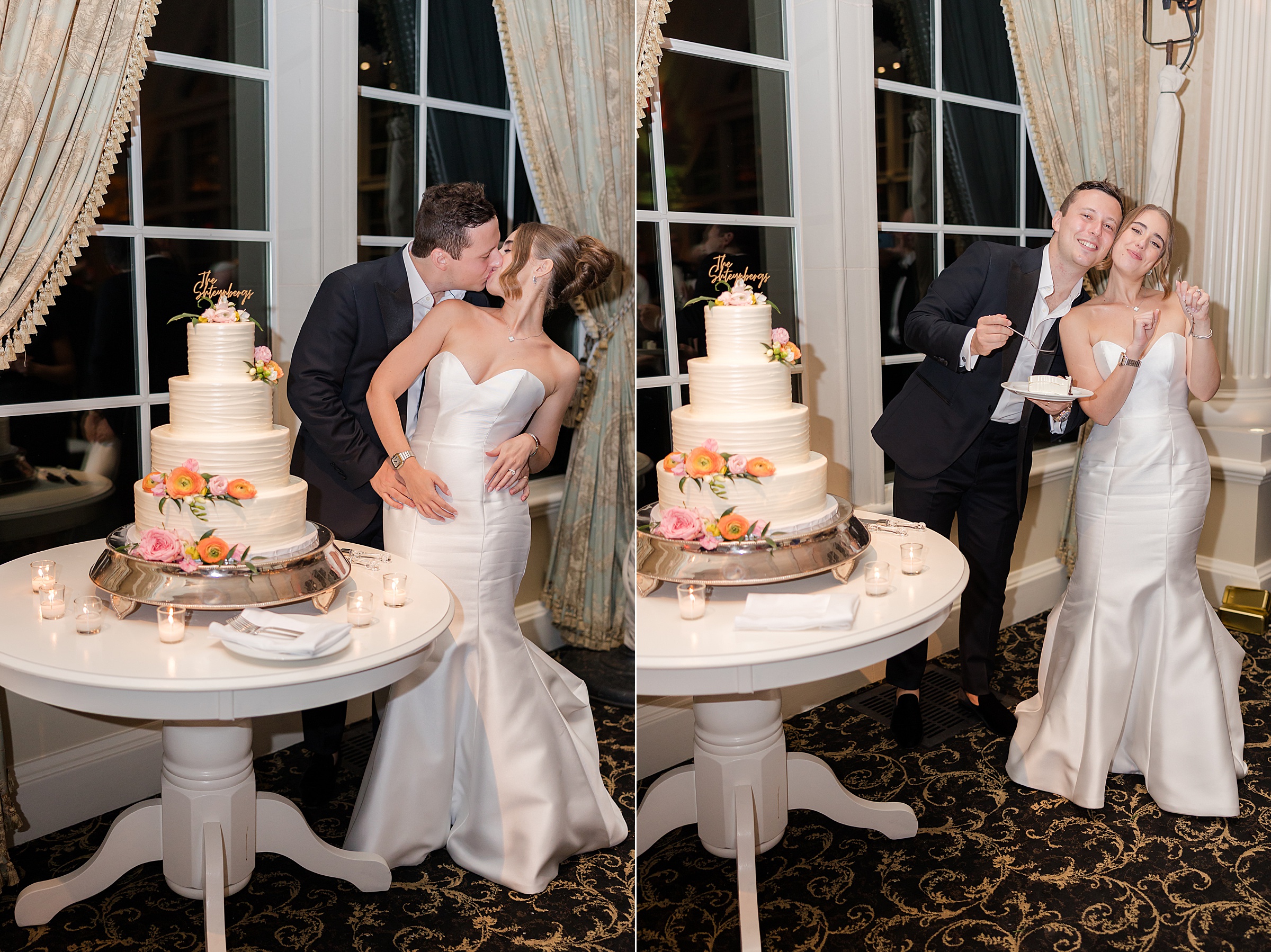 Bride and groom kissing each other and taking the slice of a cake