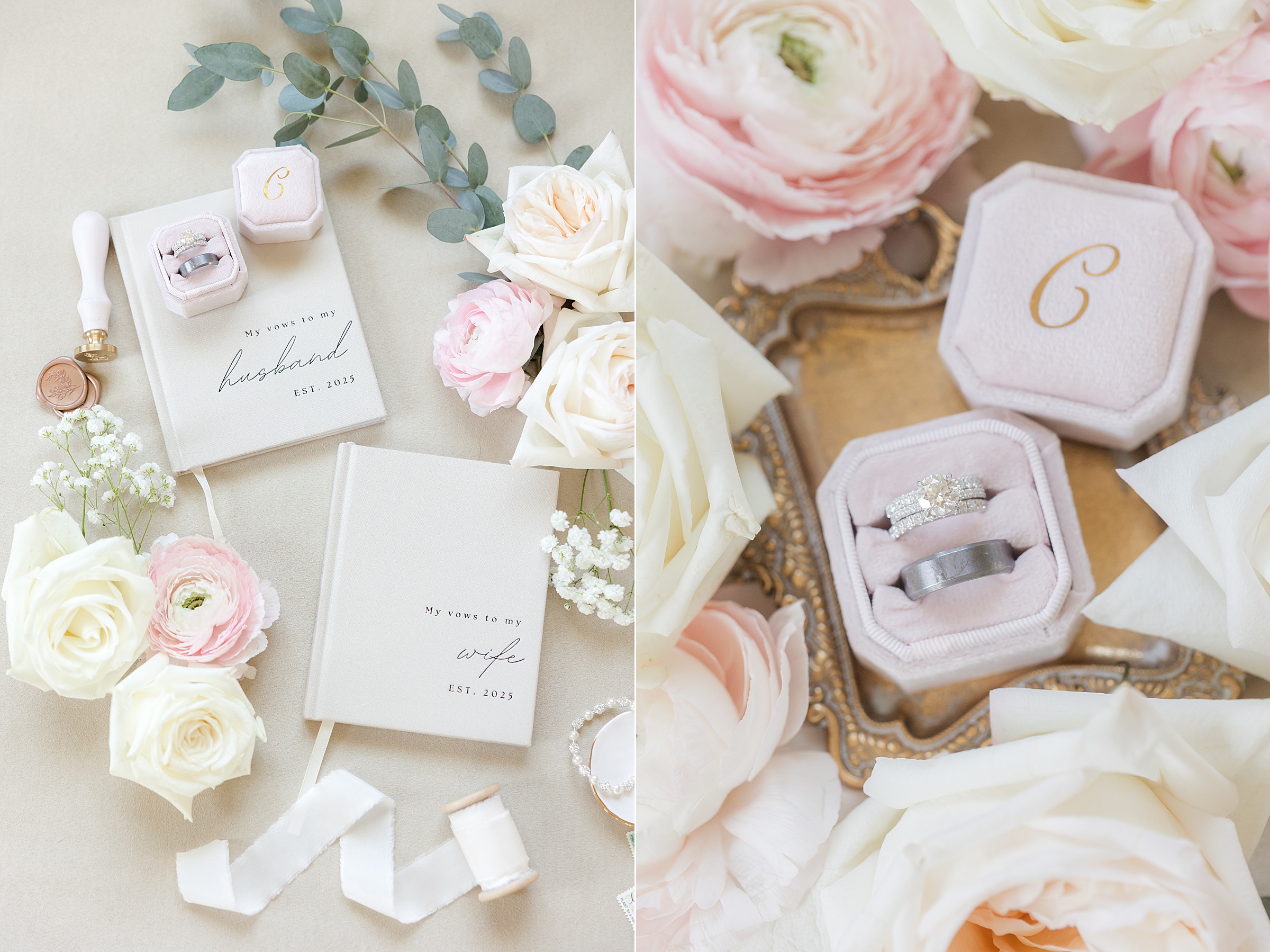 close-up photos of wedding bands and vows with pink and cream flowers