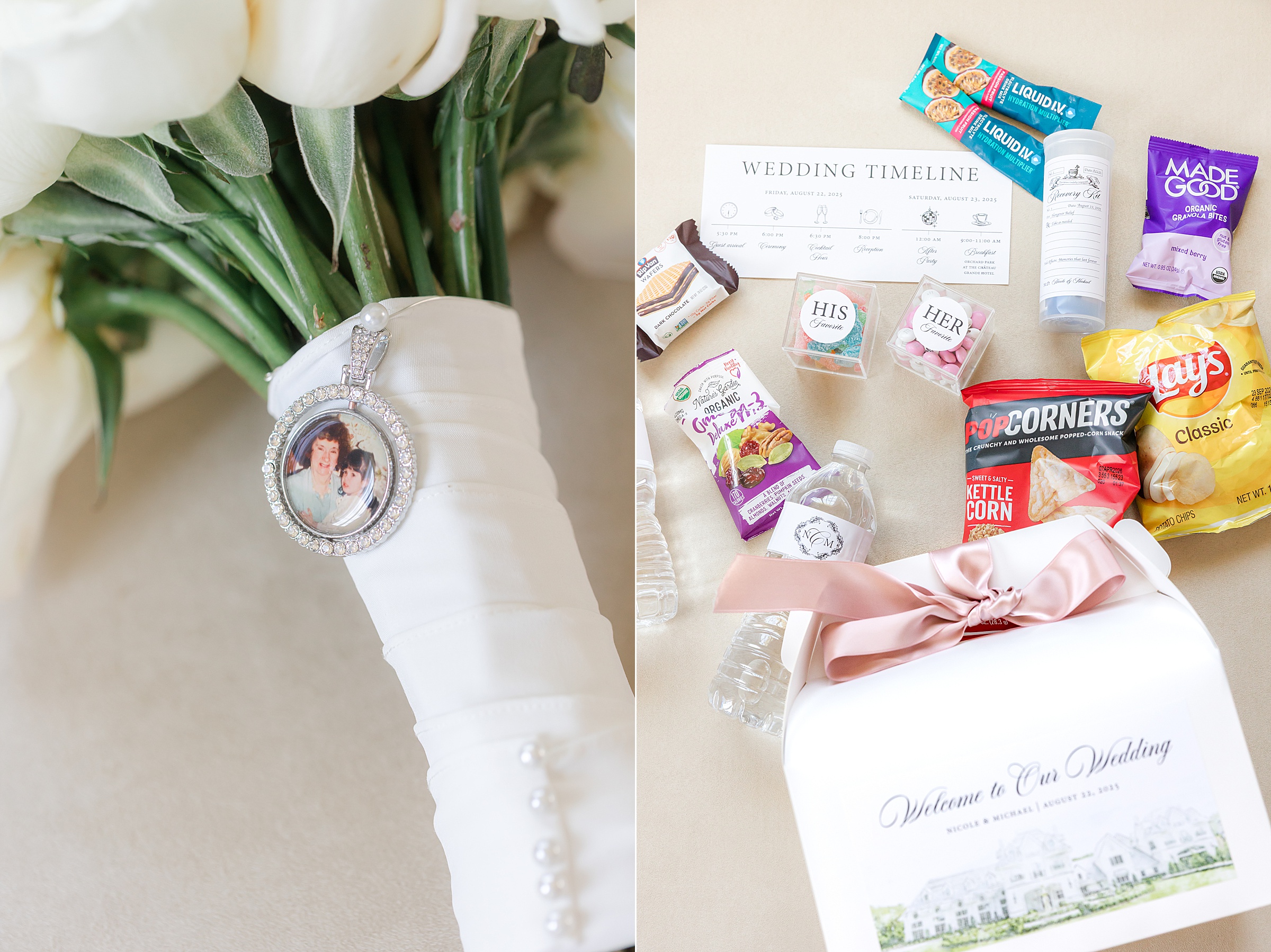 photos of wedding bouquet with pendant old picture of bride and her mom and wedding timeline with the snacks