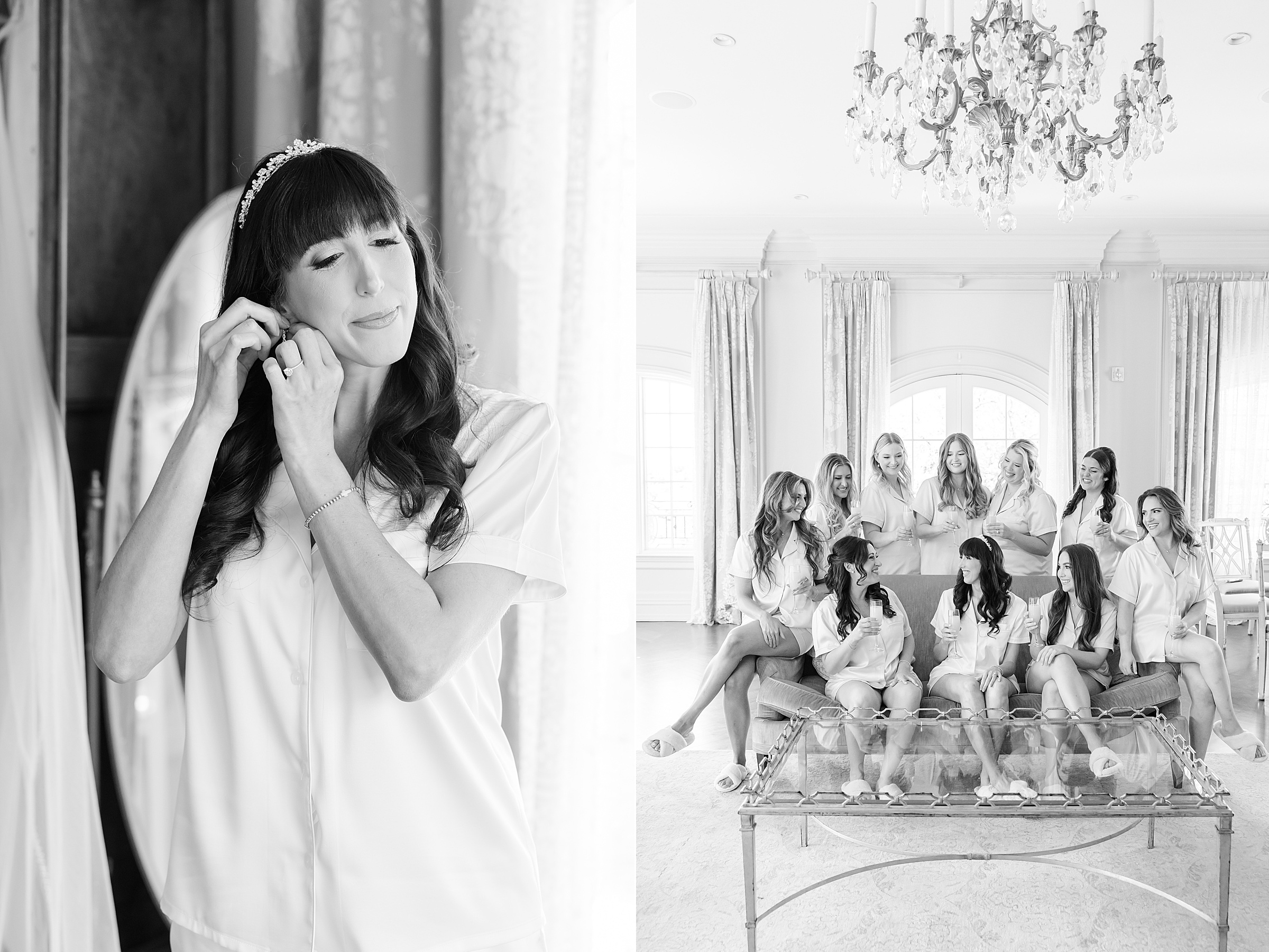 photos of bride putting on earring and bride with bridesmaids sitting on the sofa, picture is in black and white