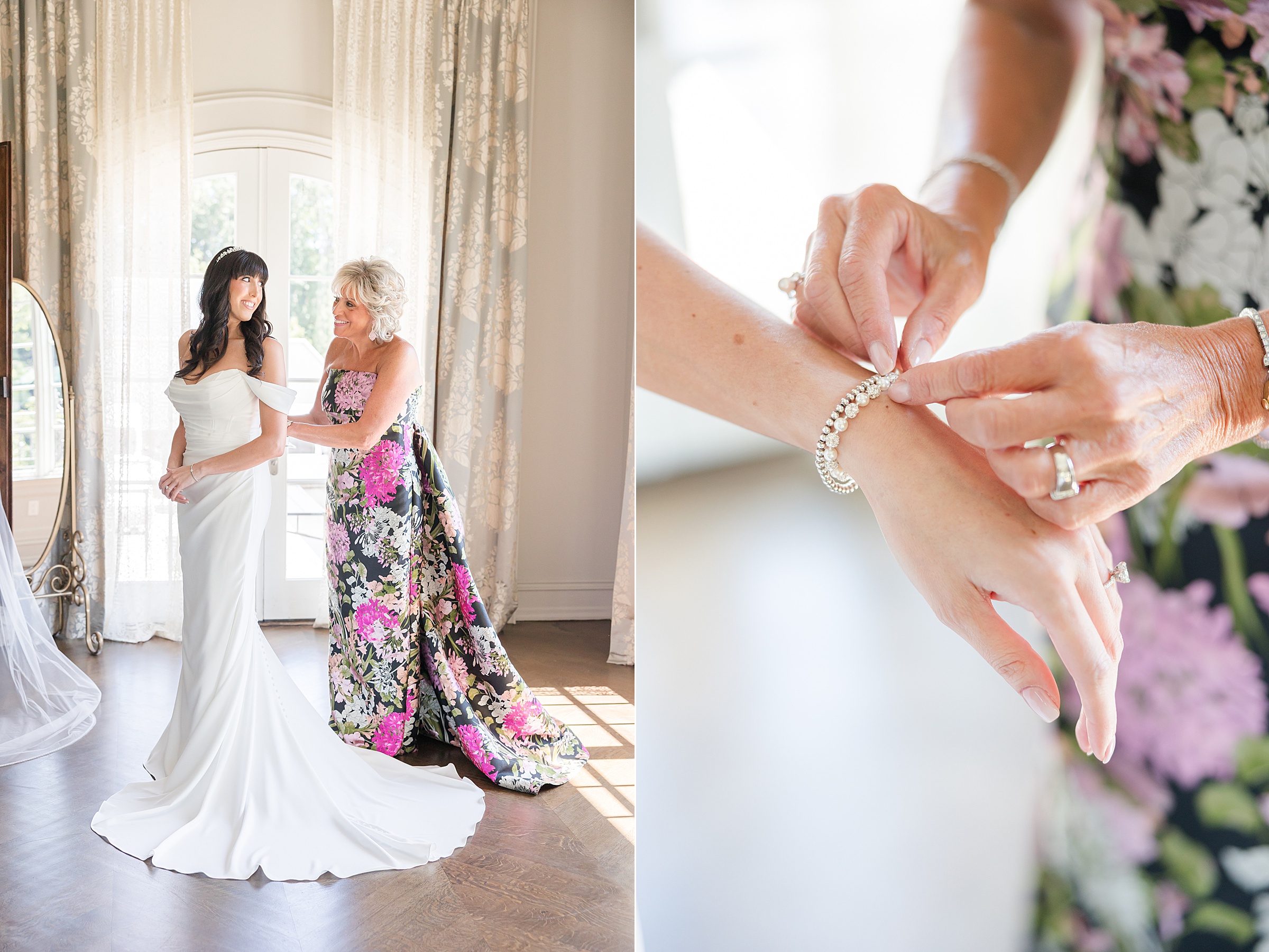 photos of bride and her mother helping her dress up and wearing her the bracelet 