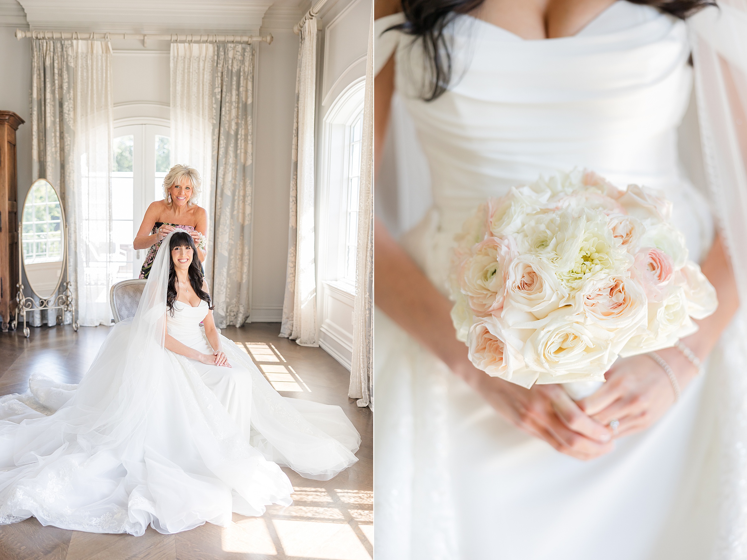 bride's mother helping her wear the veil and a detail shot of bride's wedding bouquet, cream, light pink flowers
