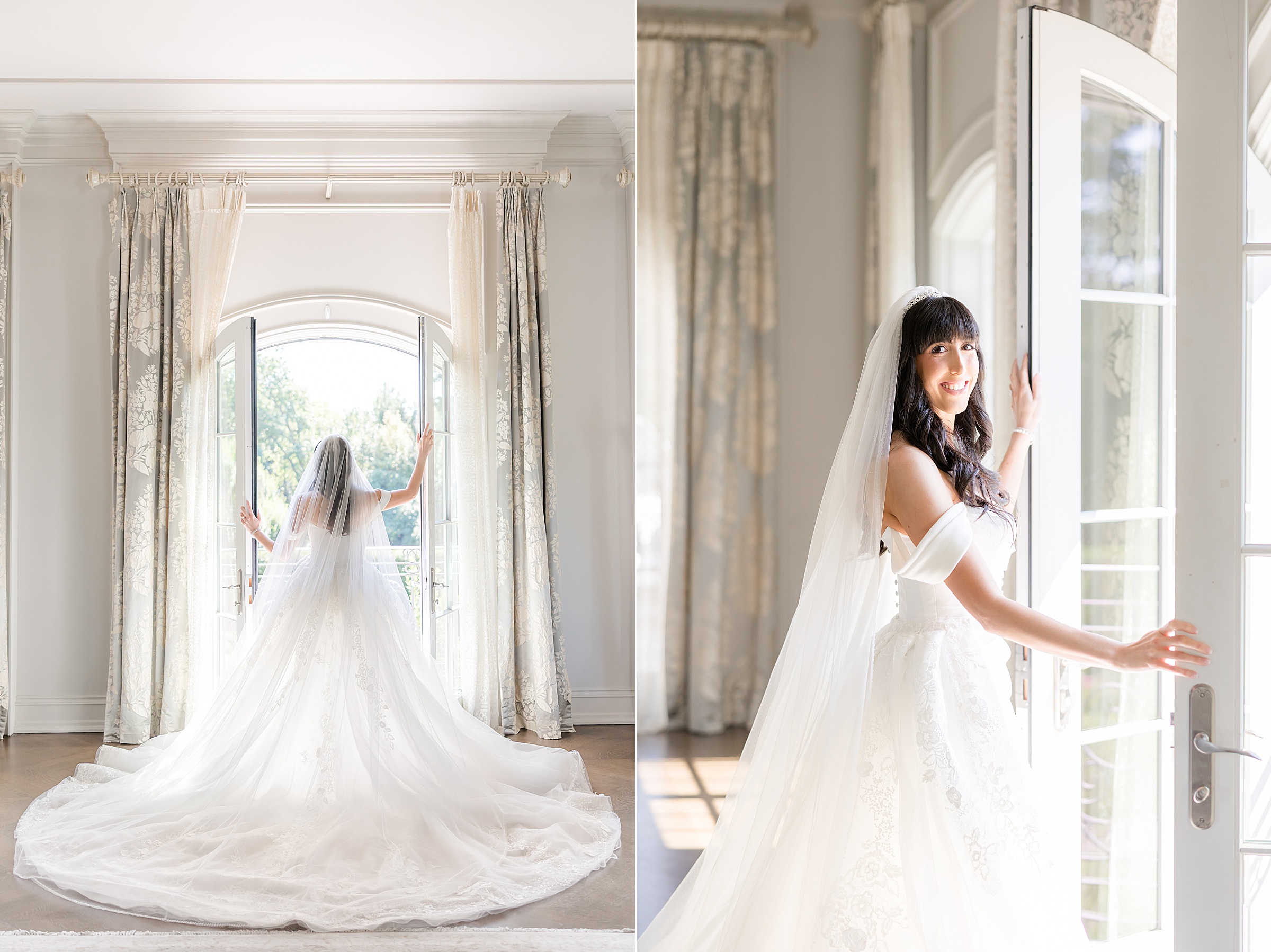 photos of the bride looking out the window and looking at the camera