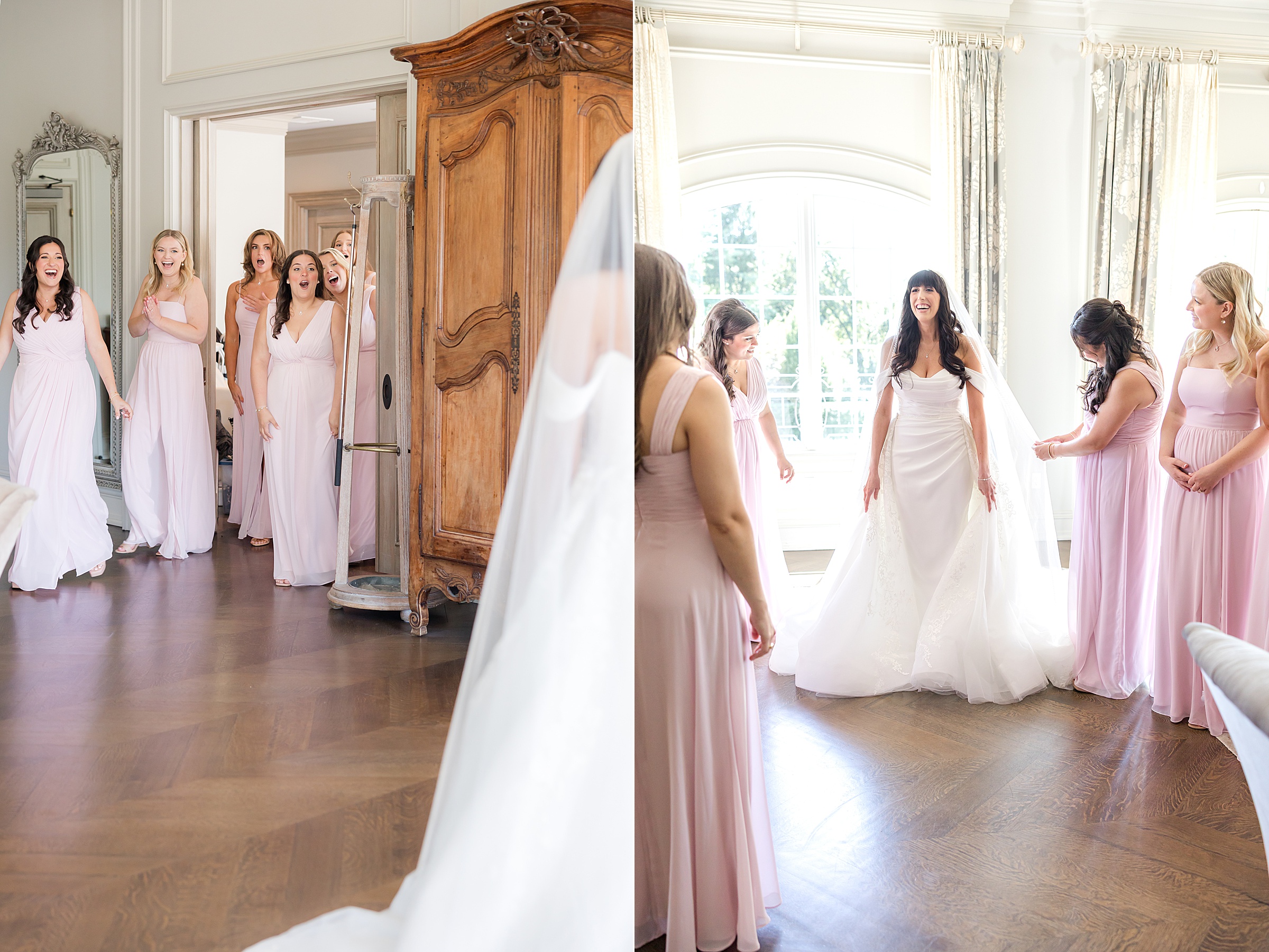photos of bridesmaids seeing the bride's look for the first time