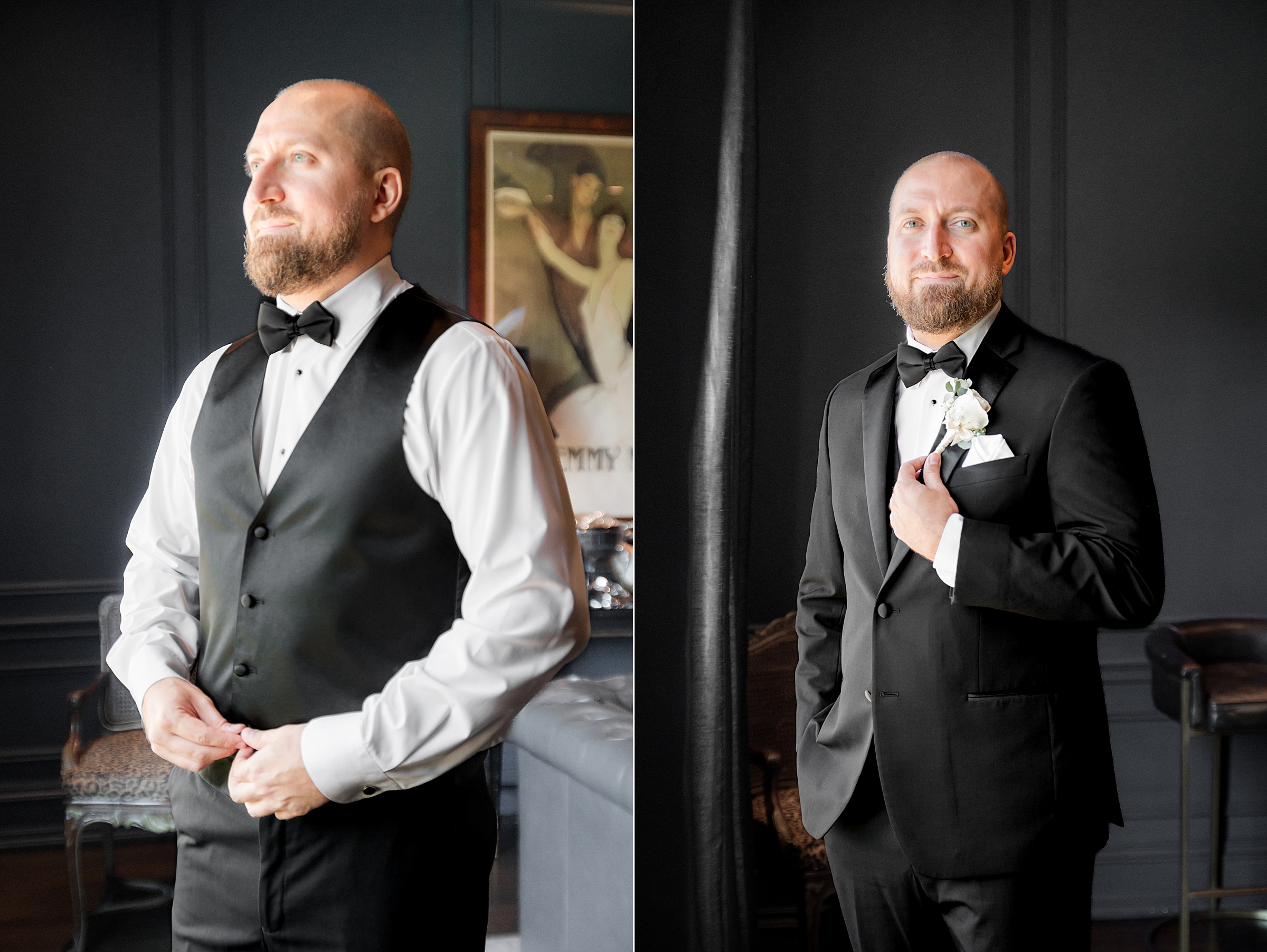 photos of groom before and after wearing black tuxedo