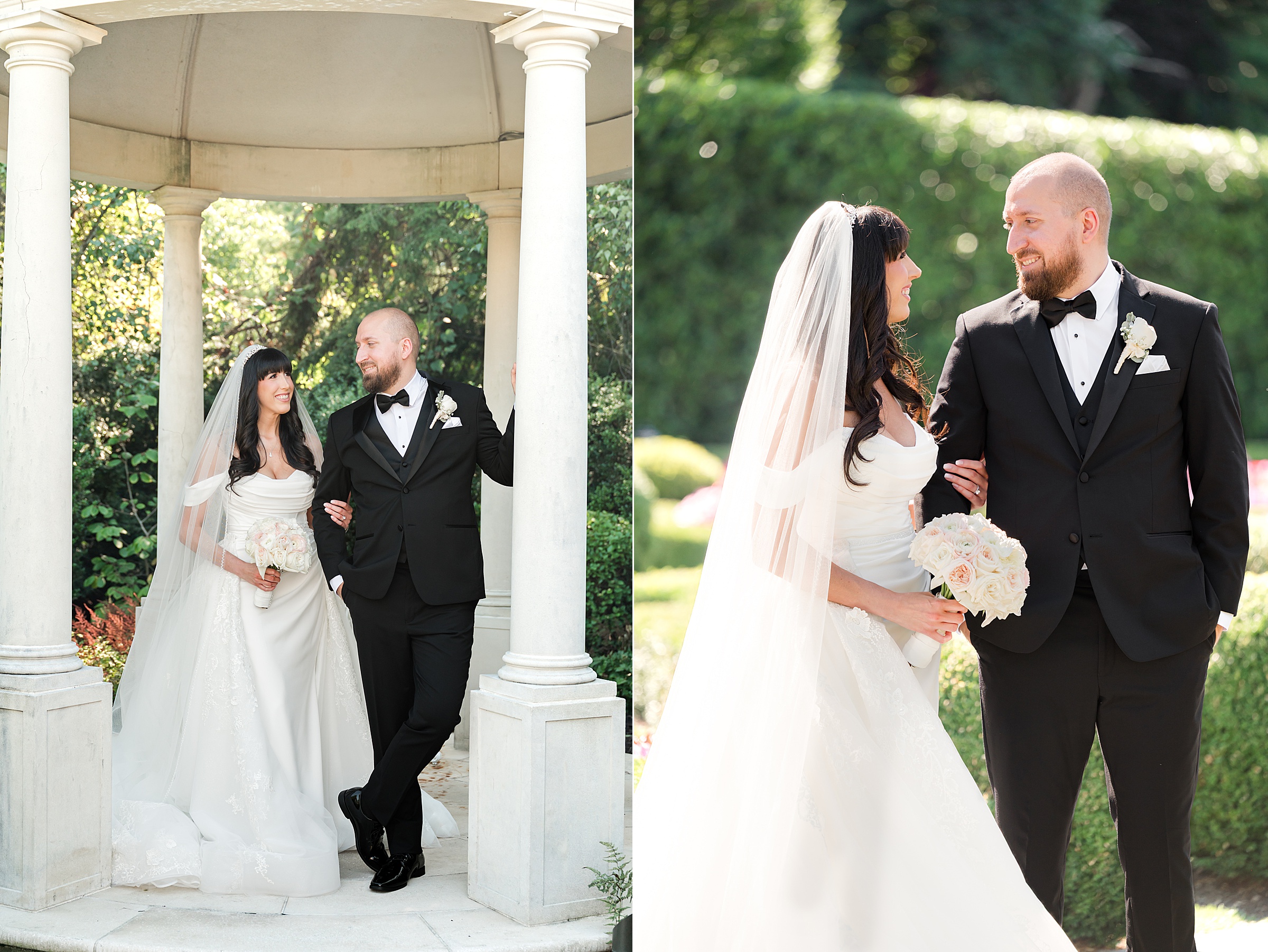 portrait photos of groom and bride holding and looking at each other, bride is holding cream, pink bouquet flowers