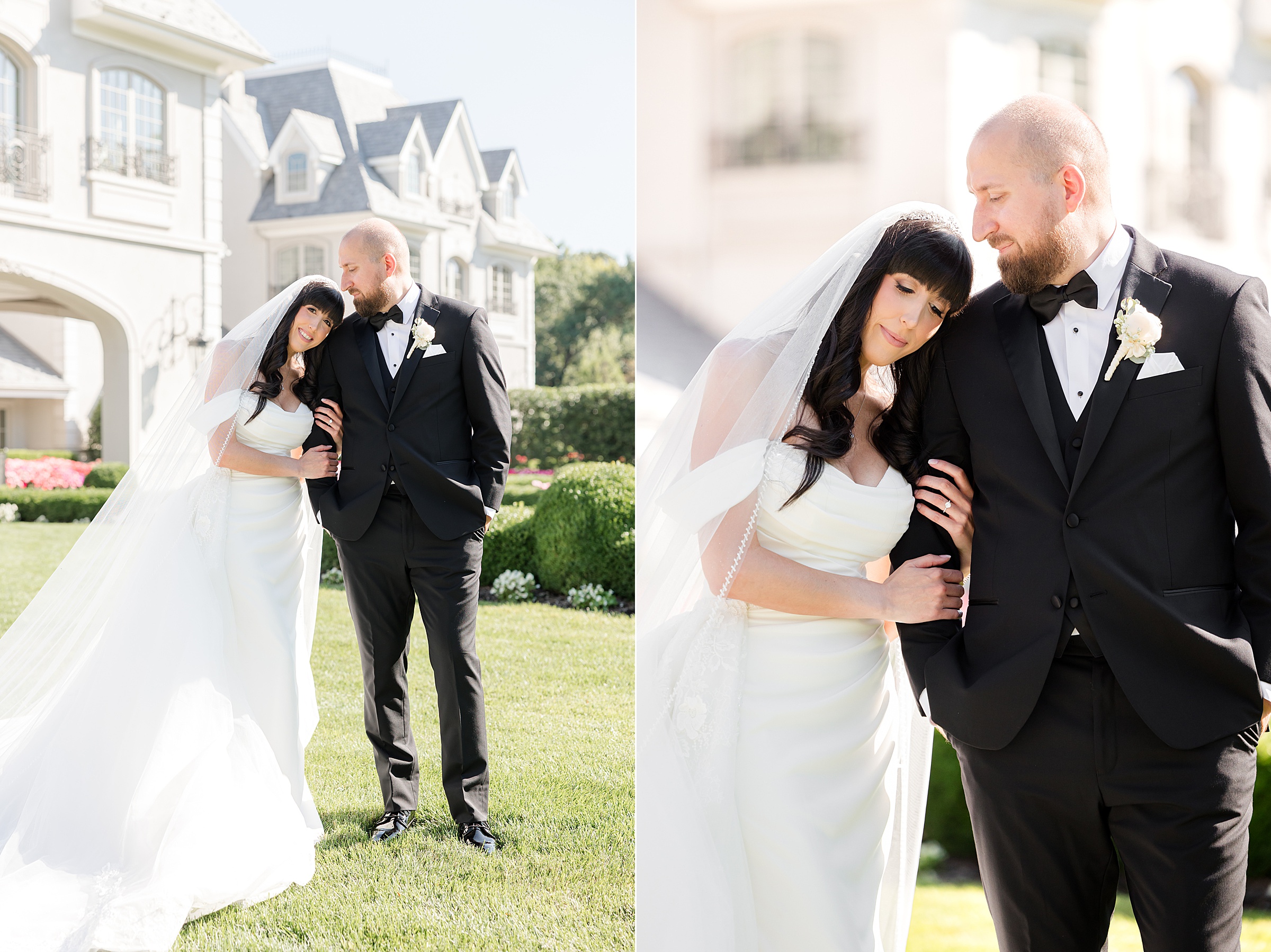 photos of bride holding groom's right arm and leaning on his shoulder at Park Chateau Estate