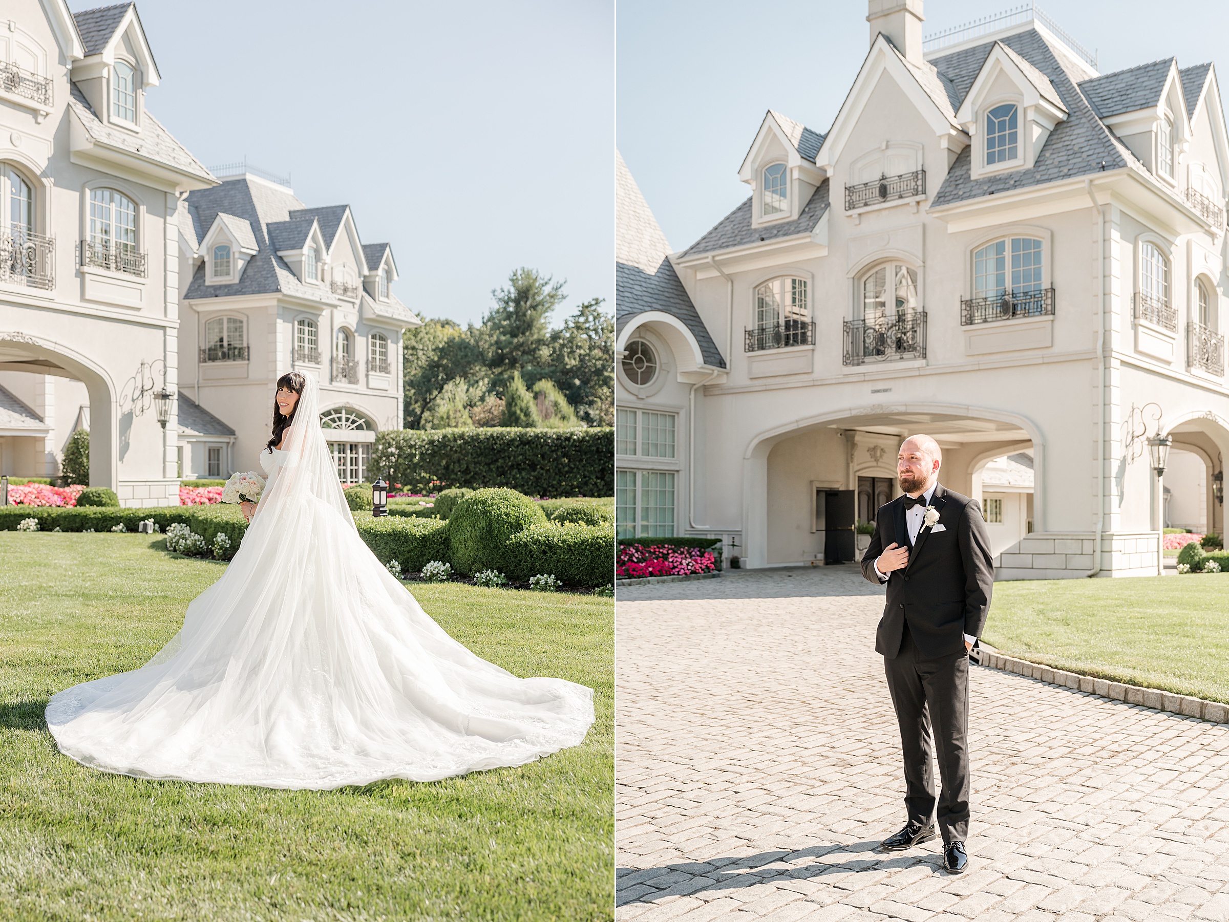 solo picture of bride showing her back dress and solo portrait picture of groom
