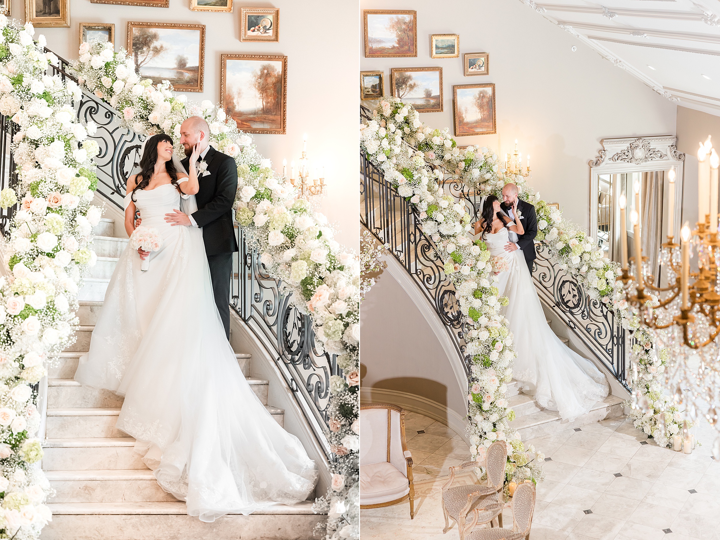 photos of bride and groom smiling looking at each other in the middle of the stairs, with flower-filled railings