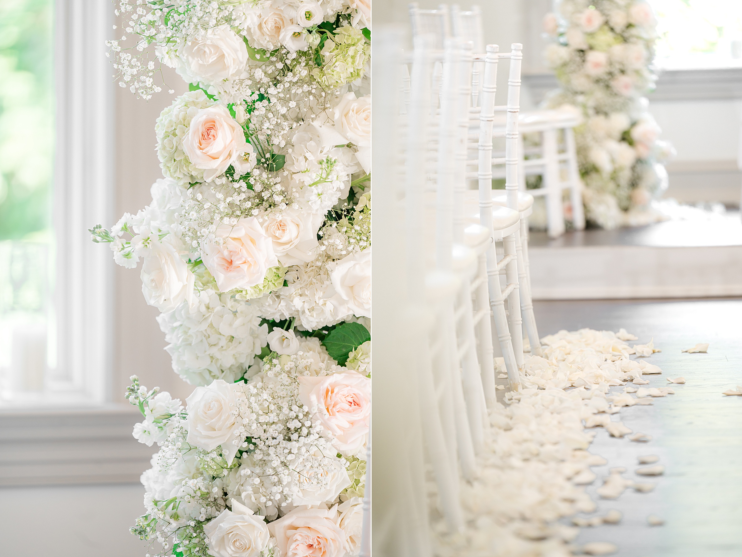 detail photos of cream, soft pink flower and petals on the floor at the ceremony