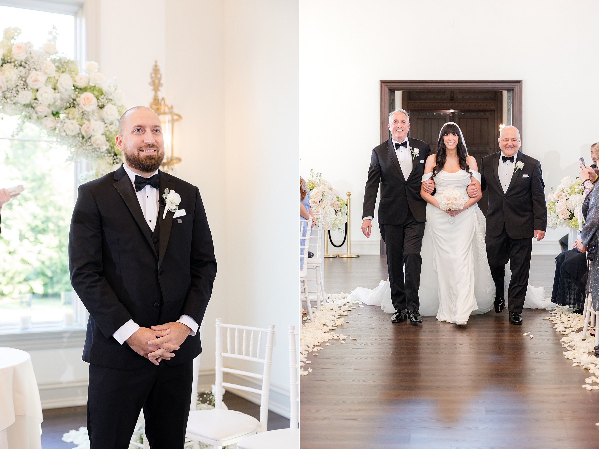 groom looking at the bride while her dads walk her down the aisle