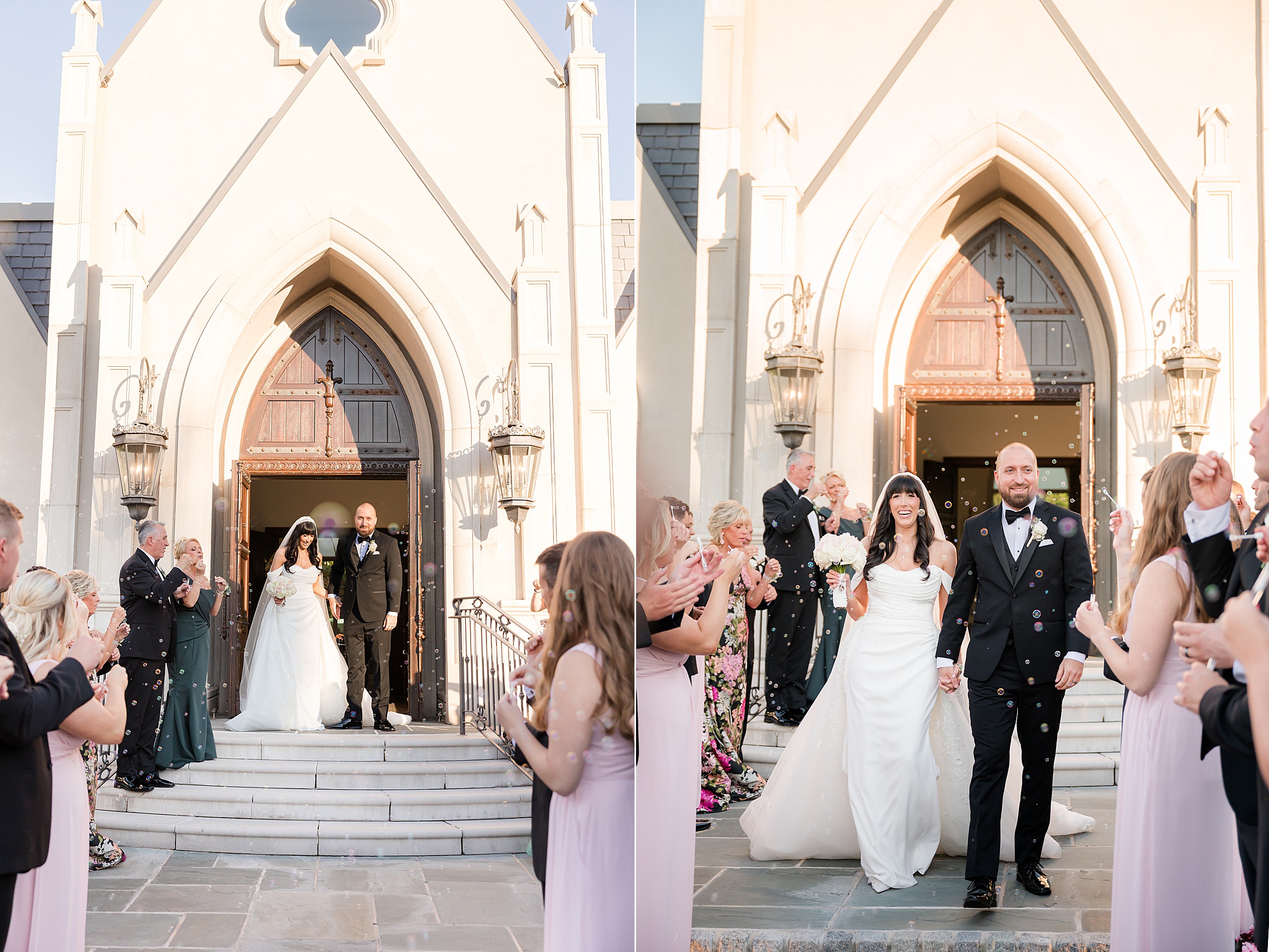 photos of bride and groom exiting the chapel while the wedding party is blowing bubbles