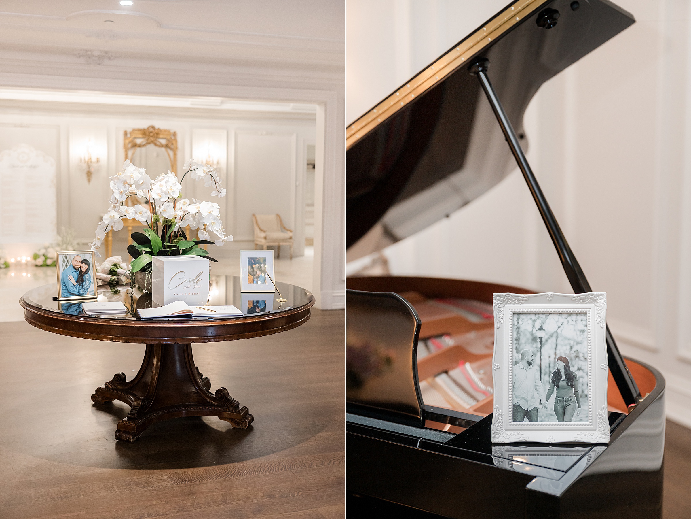 Detail shots of elements outside the ballroom. Framed photos of the bride and groom are on top of the center table and piano