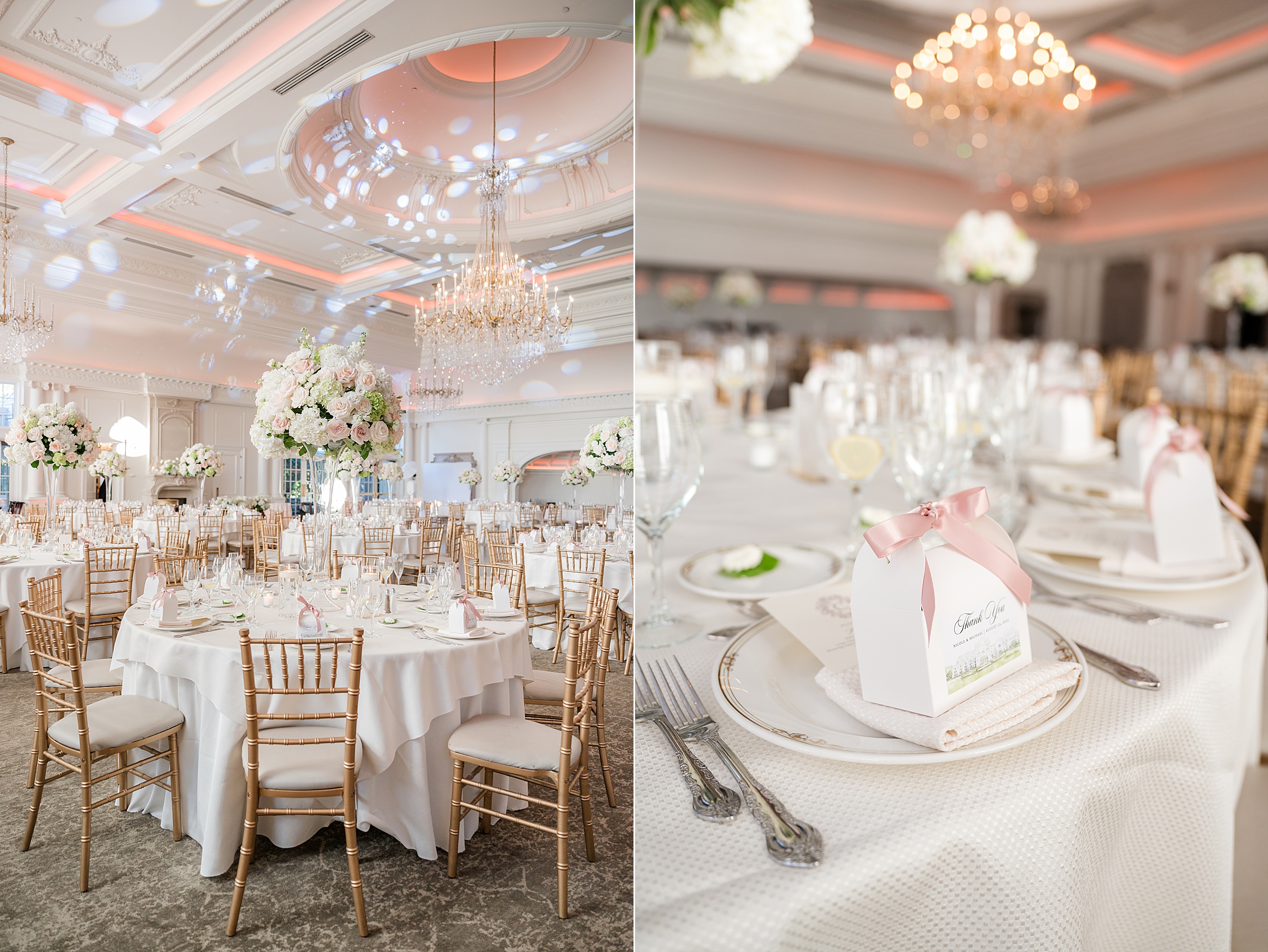 Detail shots of table setting at Park Chateau Estate ballroom, with tall, glass, flower vases, filled with white and soft pink flowers, with some green leaves. On top of the plates are menu cards and wedding favors in a box tied with soft pink ribbons
