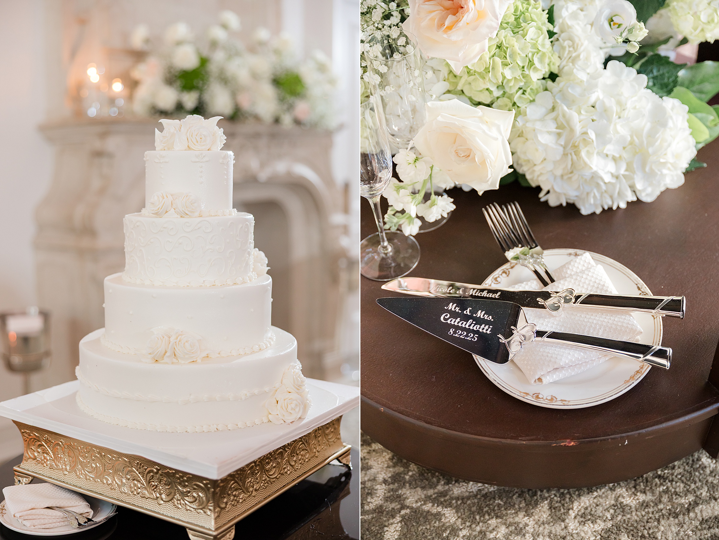 On the right is a photo of the couple's purely white 4-tier cake, with classic floral decoration and texture. On the left is a photo of the silver cutlery for cake cutting on top of a wooden table