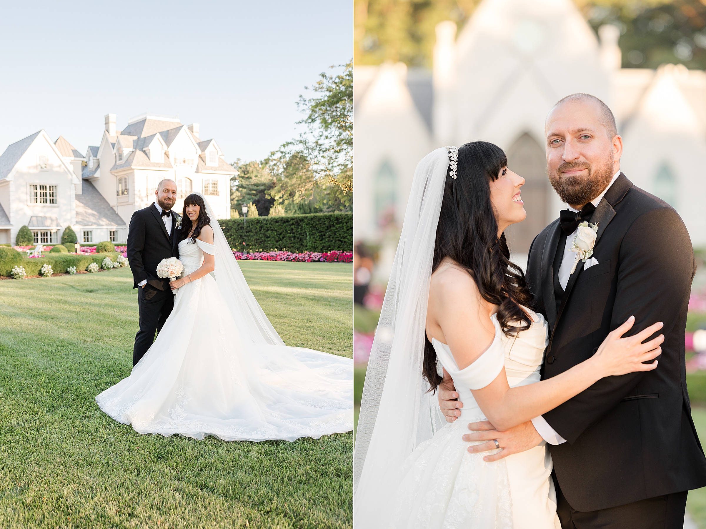 Photo of bride and groom side-by-side, posing at Park Chateau Estate's lawn