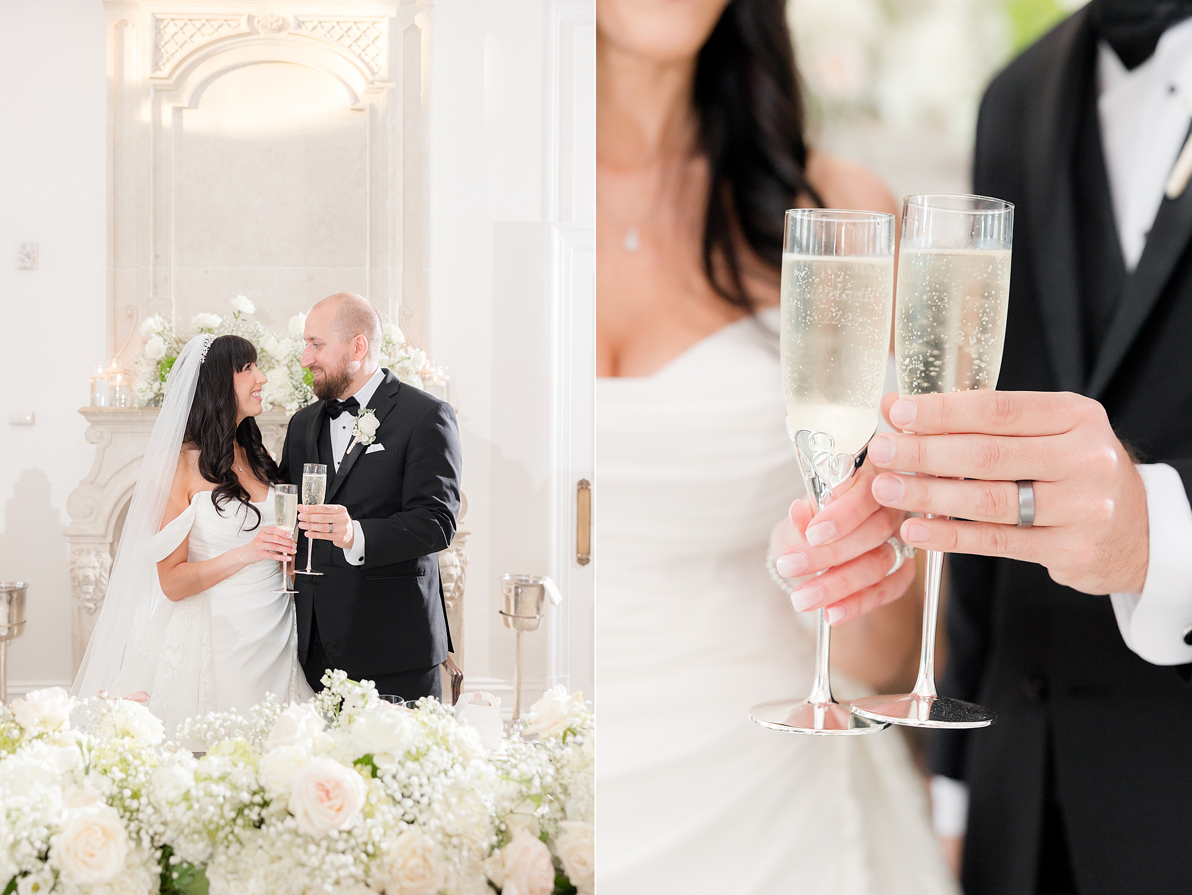 Photo of bride and groom standing at the sweetheart table holding a glass of champagne