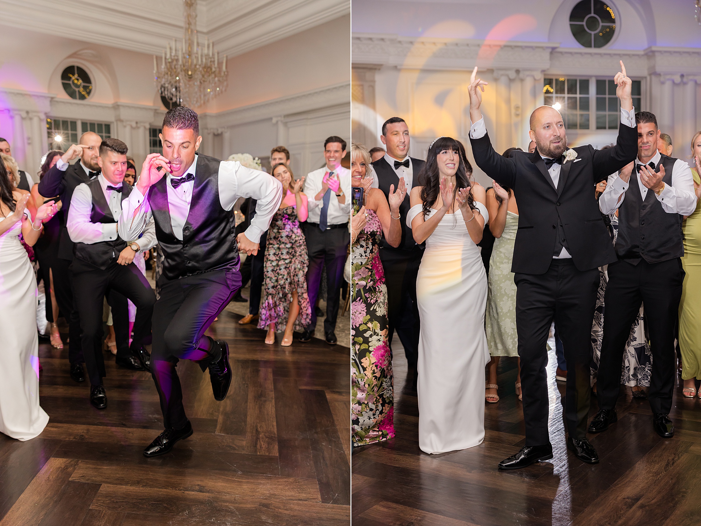 Groomsman on the dance floor, dancing happily while the bride and groom are cheering him on