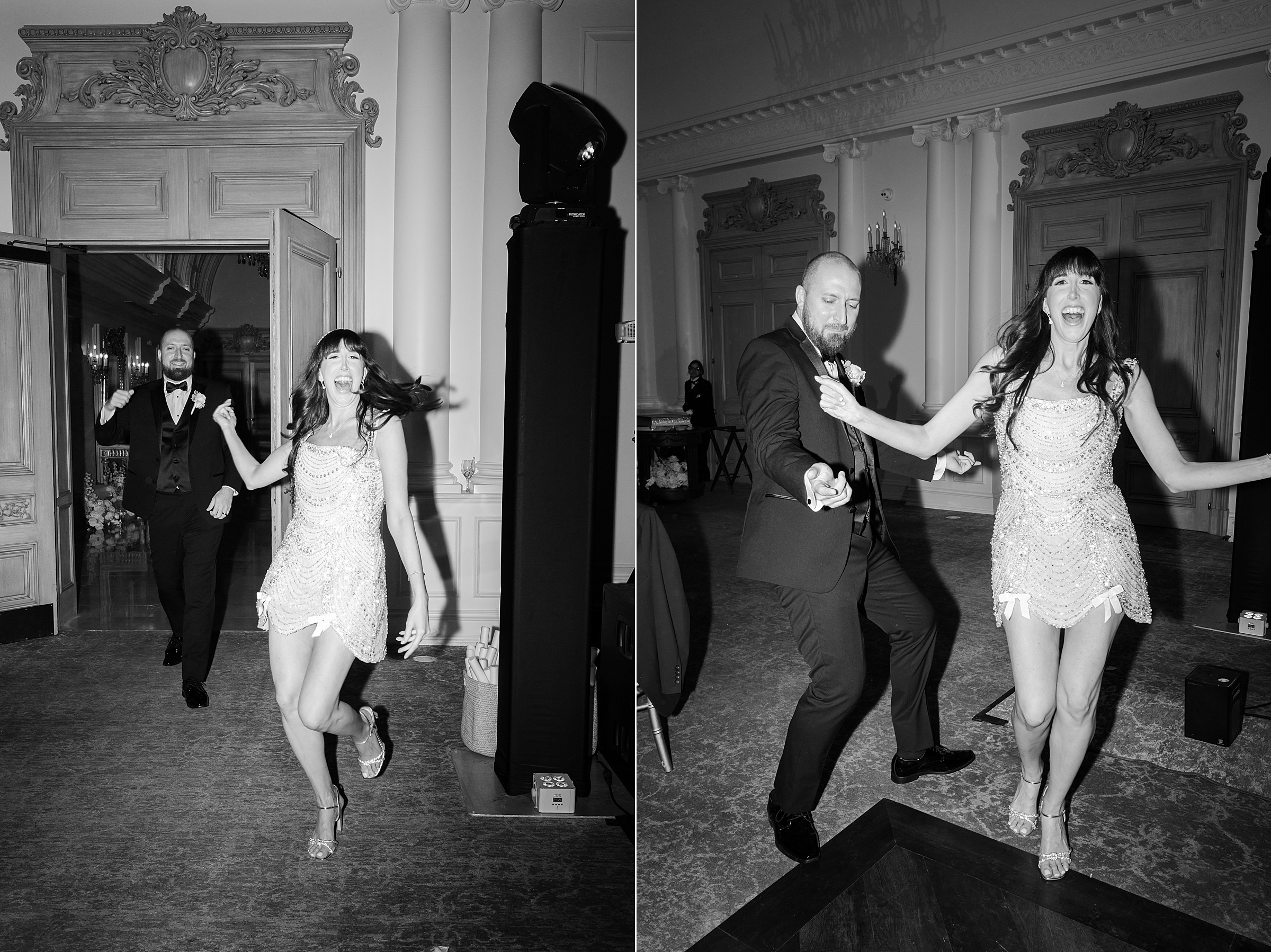 Black and white photos of the bride and groom entering the after-party. Bride is wearing a short, white, bedazzled dress