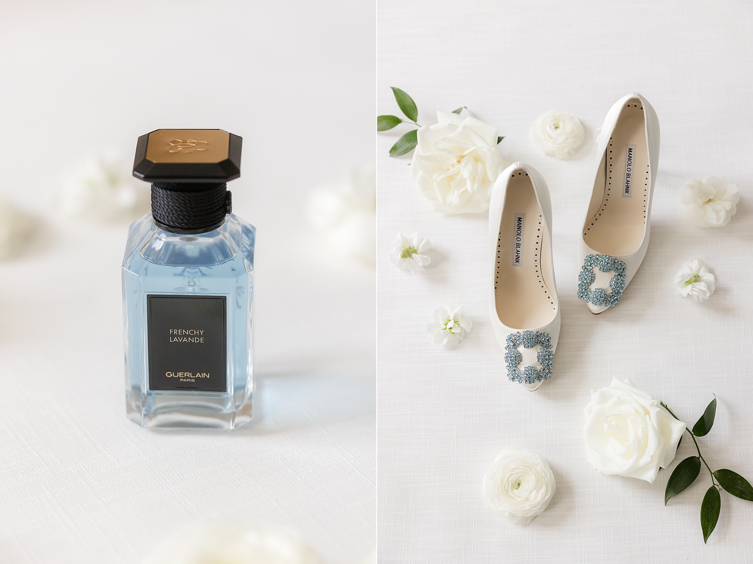 Two (2) detail shots of bridal items. To the left is Frenchy Lavande perfume by Guerlain, colored blue. TO the right is a white Manolo Blahnik heels with blue crystals, surrounded by pieces of roses and leaves