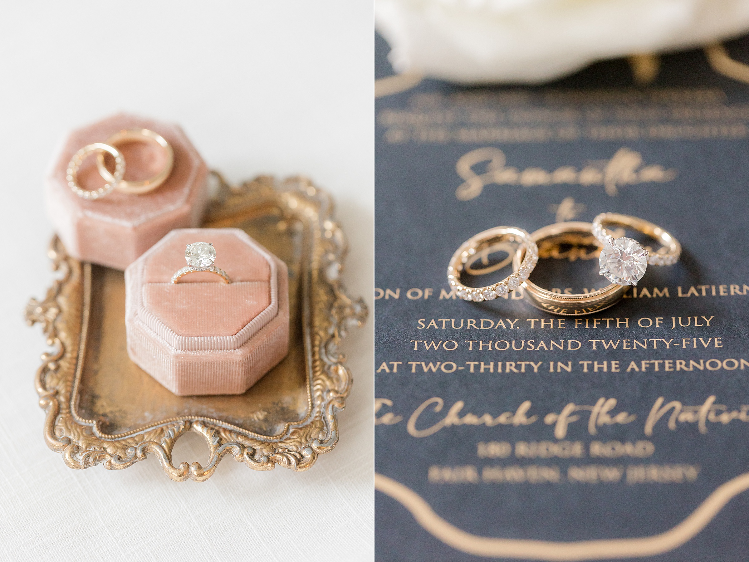 Detail shot of rings. To the right is the engagement ring on a peach ring box, with the wedding bands on the background, also on top of a pink ring box, both boxes are placed on a brass tray. To the right are the bride's wedding band and engagement ring, placed diagonally on top of the groom's ring, placed on the navy blue and gold wedding invite