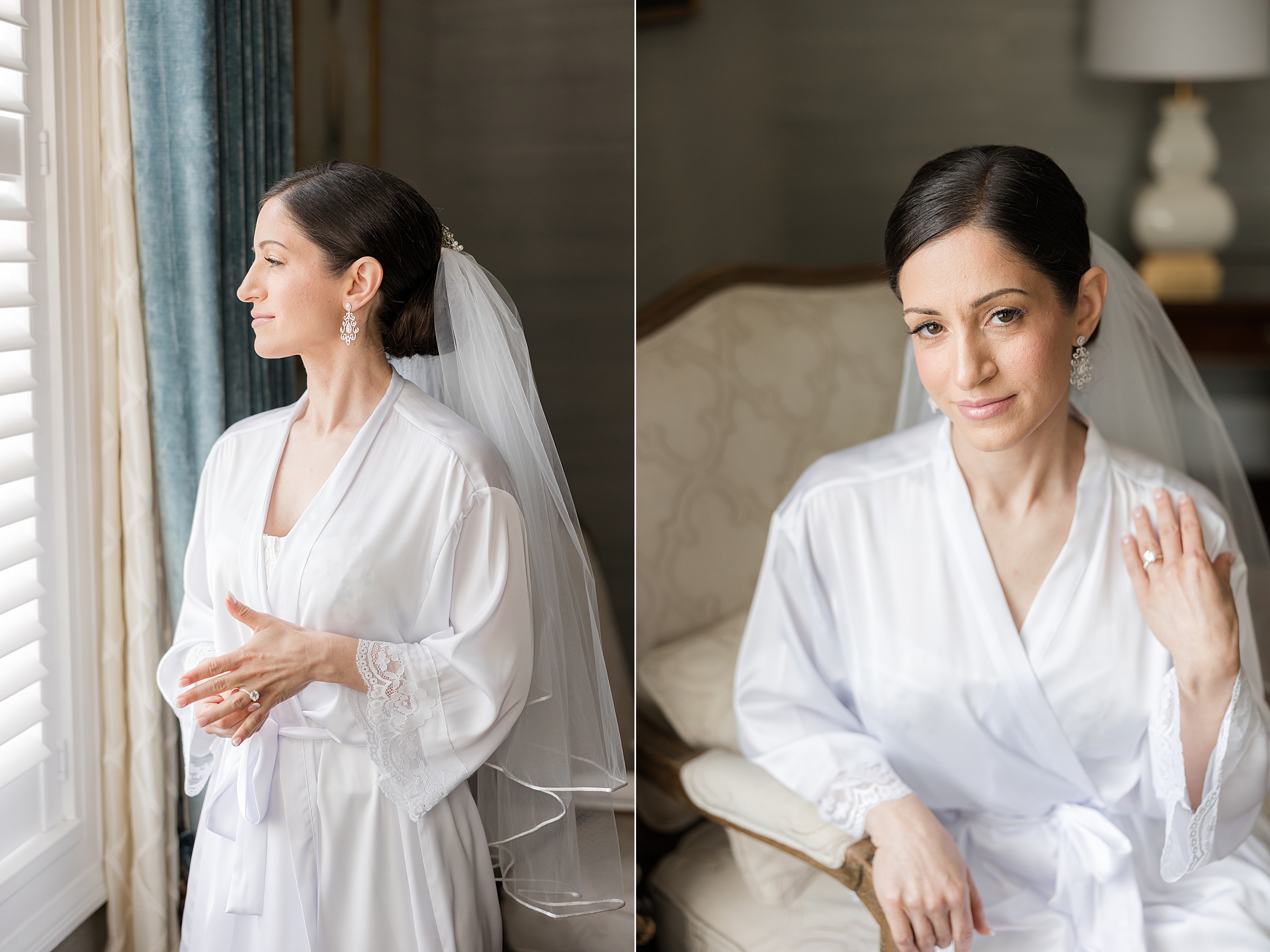 Photo of bride looking out the window, wearing silver earrings and a short veil, while holding her engagement ring. Second is another photo of the bride seated on a white and brown chair, leaning on the arm and looking sweetly into the camera