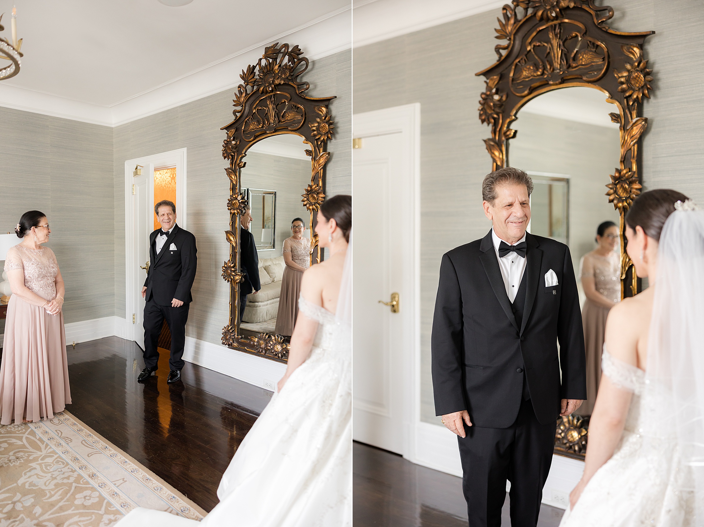 Father of the bride entering the room and doing a first look with her daughter while her mother is in the background